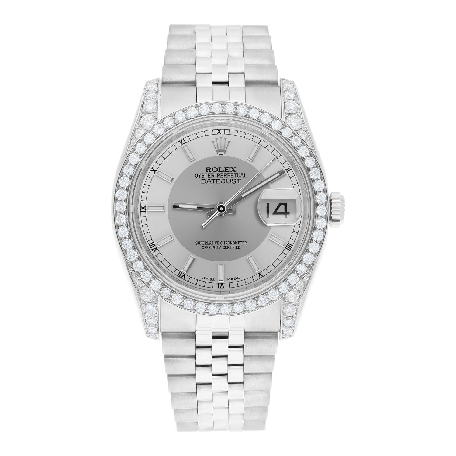 Brand: Rolex
Series: Datejust 
Model: 116234
Case Diameter: 36 mm
Bracelet: Jubilee band; stainless steel
Bezel. and Lugs: Custom Diamond Set
Dial: Silver Tuxedo
Carat Weight: 2.30 carats in total diamond weight
The sale includes a Rolex box and an
