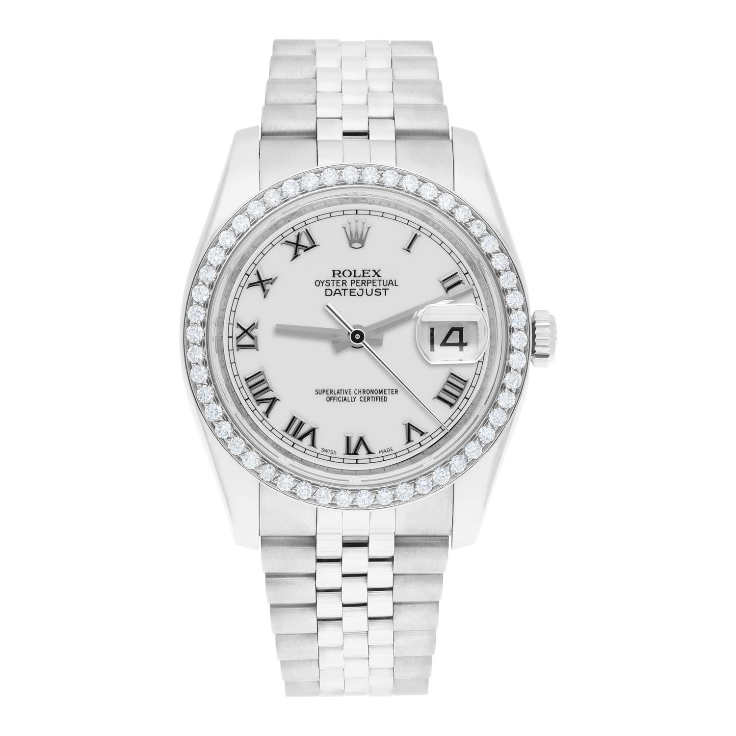 Brand: Rolex
Series: Datejust 
Model: 116234
Case Diameter: 36 mm
Bracelet: Jubilee band; stainless steel
Bezel: Custom Diamond Set
Dial: White Roman
Carat Weight: 1.32 carats in total diamond weight
The sale includes a Rolex box and an appraisal