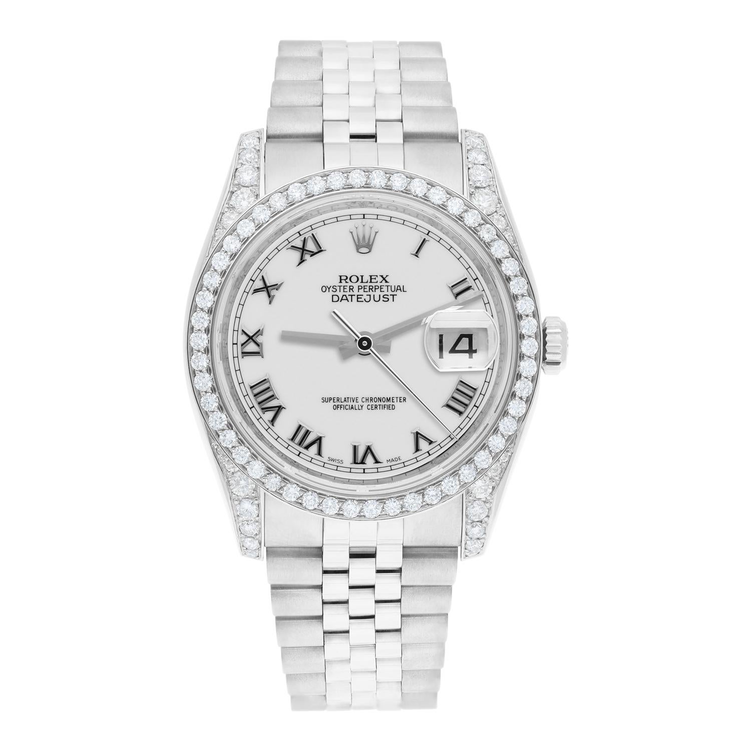 Brand: Rolex
Series: Datejust 
Model: 116234
Case Diameter: 36 mm
Bracelet: Jubilee band; stainless steel
Bezel. and Lugs: Custom Diamond Set
Dial: White Roman
Carat Weight: 2.30 carats in total diamond weight
The sale includes a Rolex box and an