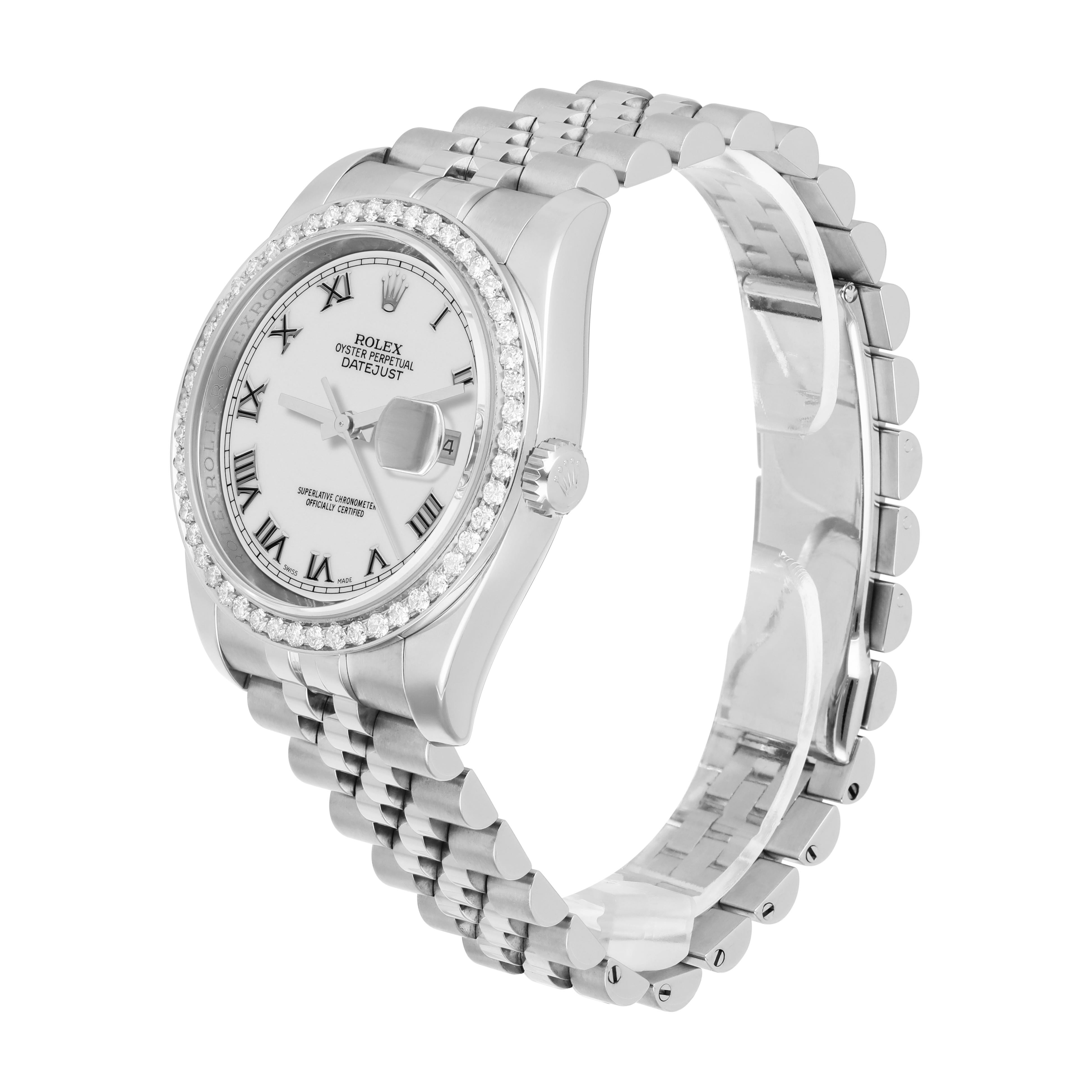 Rolex Datejust 36 116234 Diamond Unisex Watch White Roman Dial Jubilee Band In Excellent Condition For Sale In New York, NY