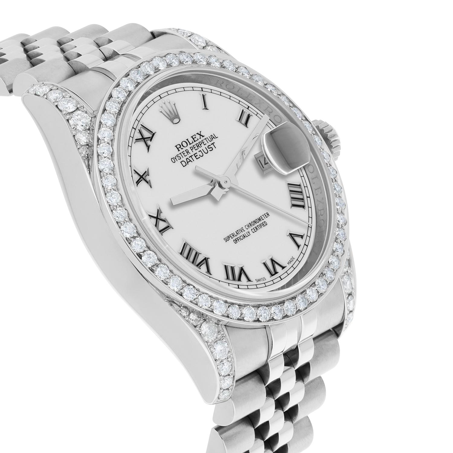 Rolex Datejust 36 116234 Diamond Unisex Watch White Roman Dial Jubilee Band In Excellent Condition For Sale In New York, NY