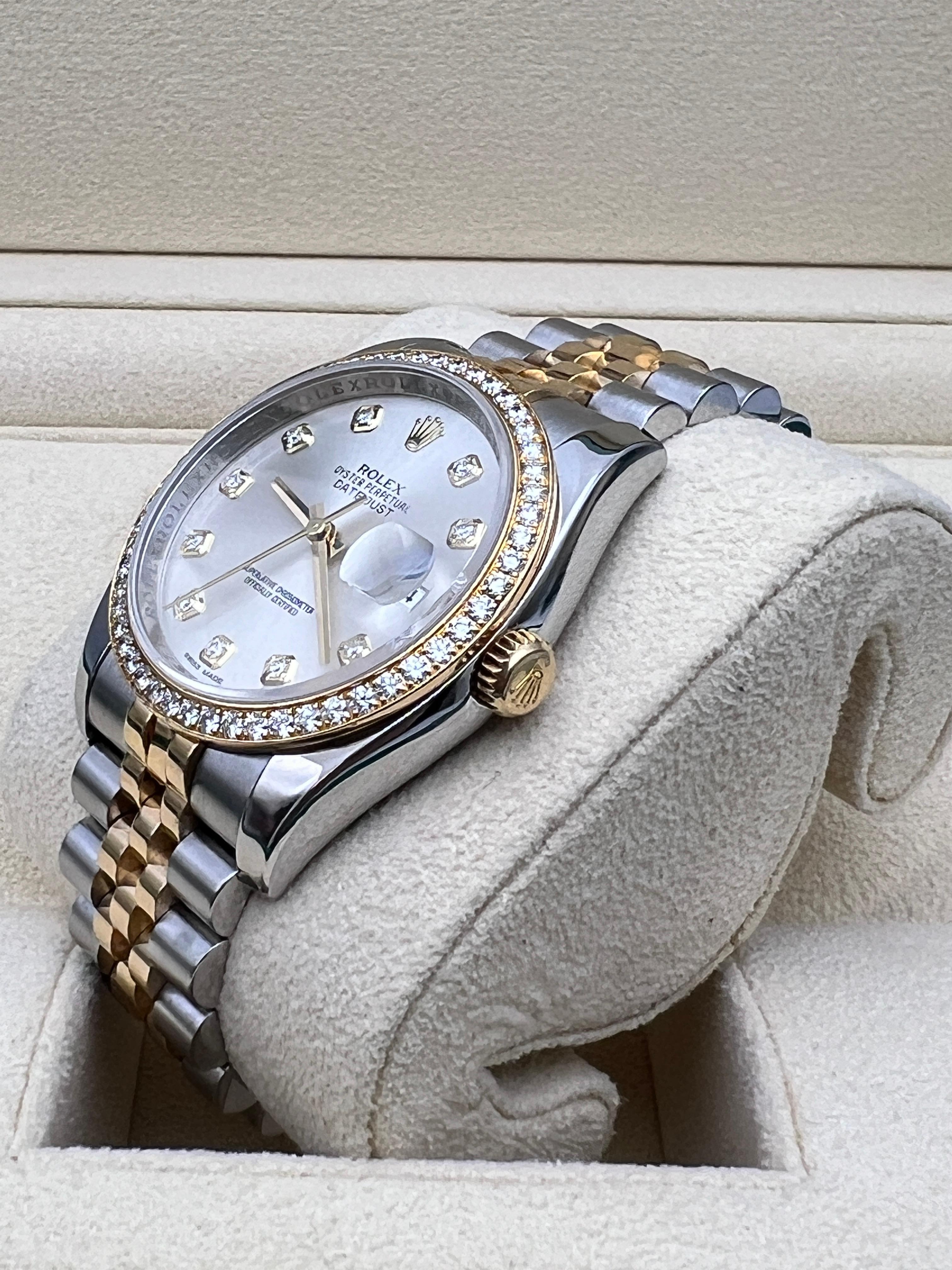 Rolex Datejust 36 116243RBR 18K Factory Diamond Bezel & Dial Jubilee Box Papers In Excellent Condition For Sale In New York, NY