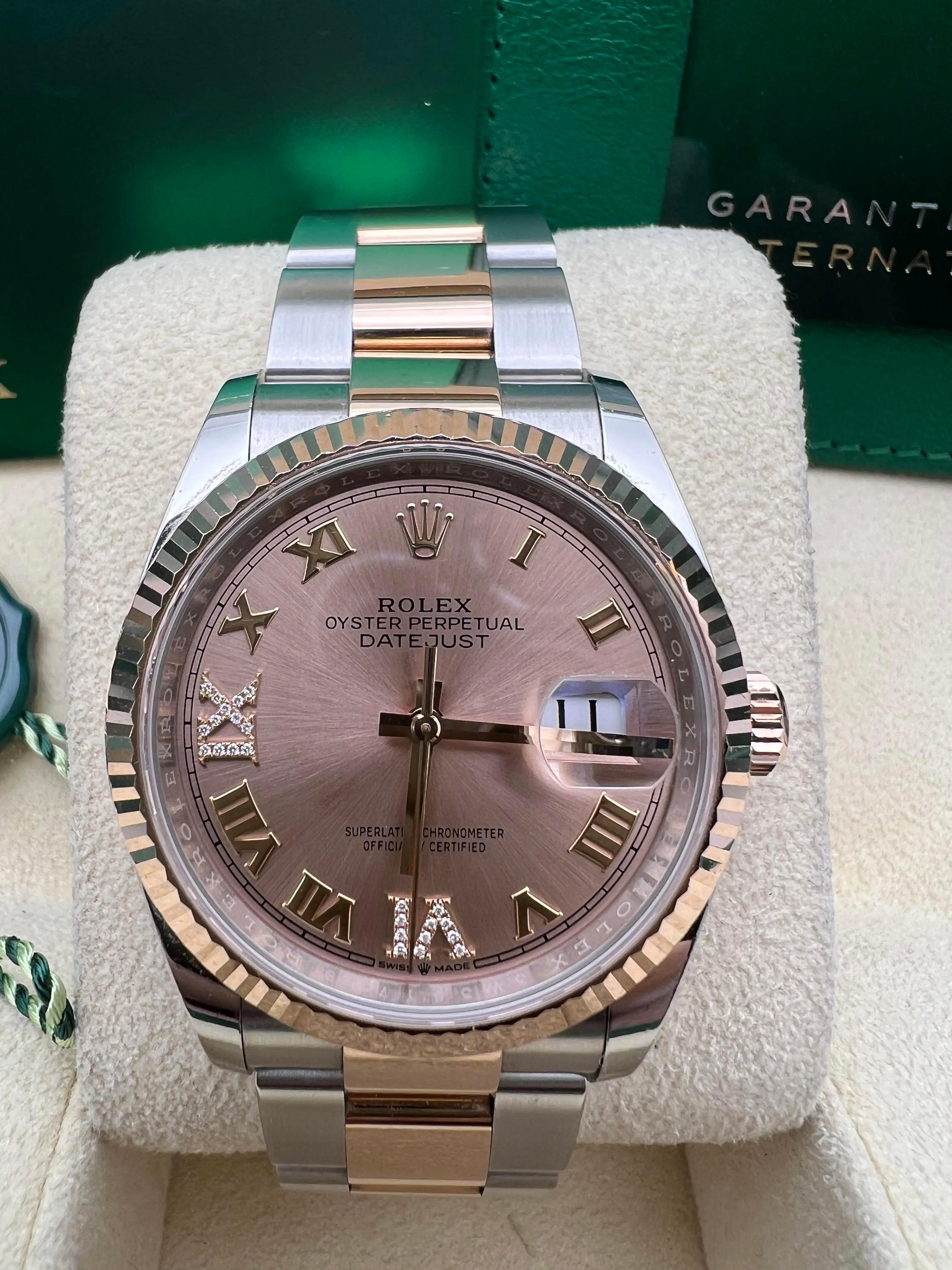 Taille ronde Rolex Montre Datejust 36 126231 rose 18 carats VI IX 6+9 diamants cadran Oyster Box Papers en vente