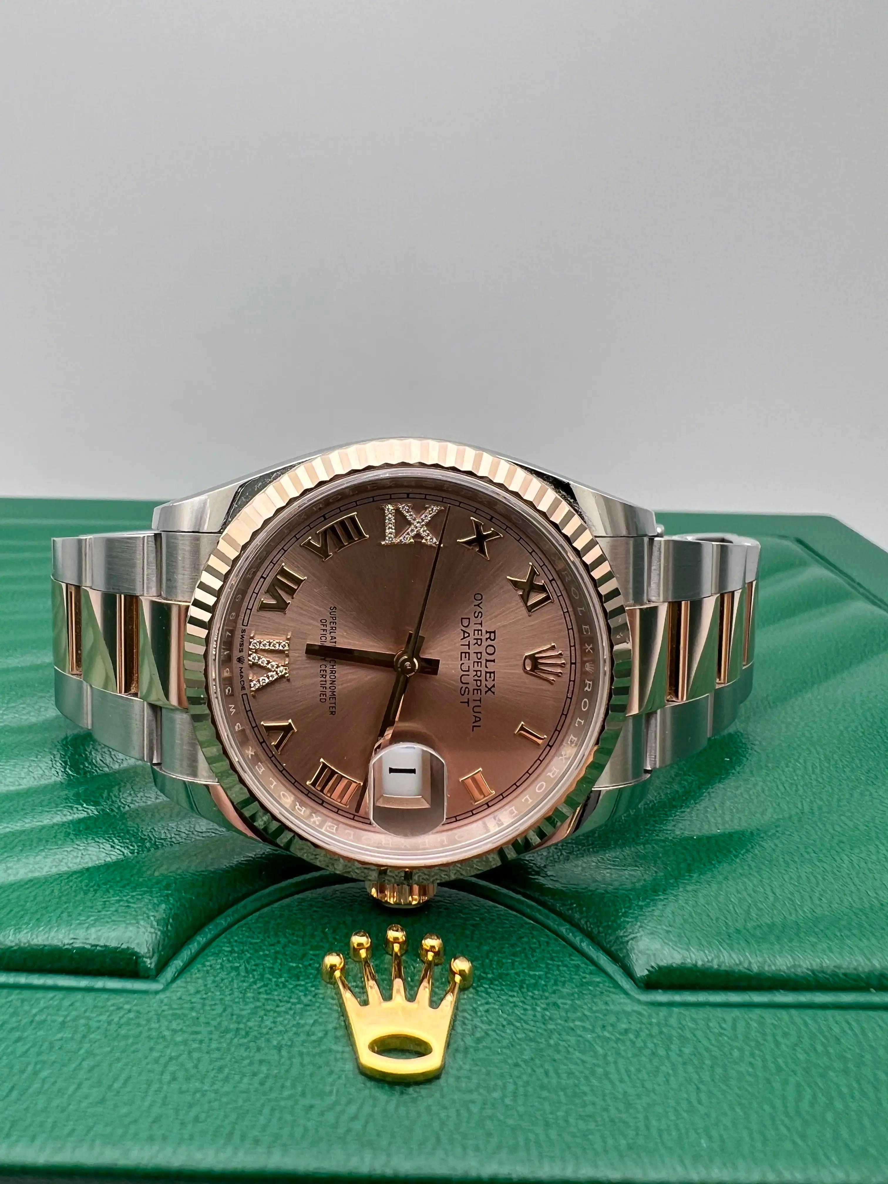 Rolex Montre Datejust 36 126231 rose 18 carats VI IX 6+9 diamants cadran Oyster Box Papers Excellent état - En vente à New York, NY