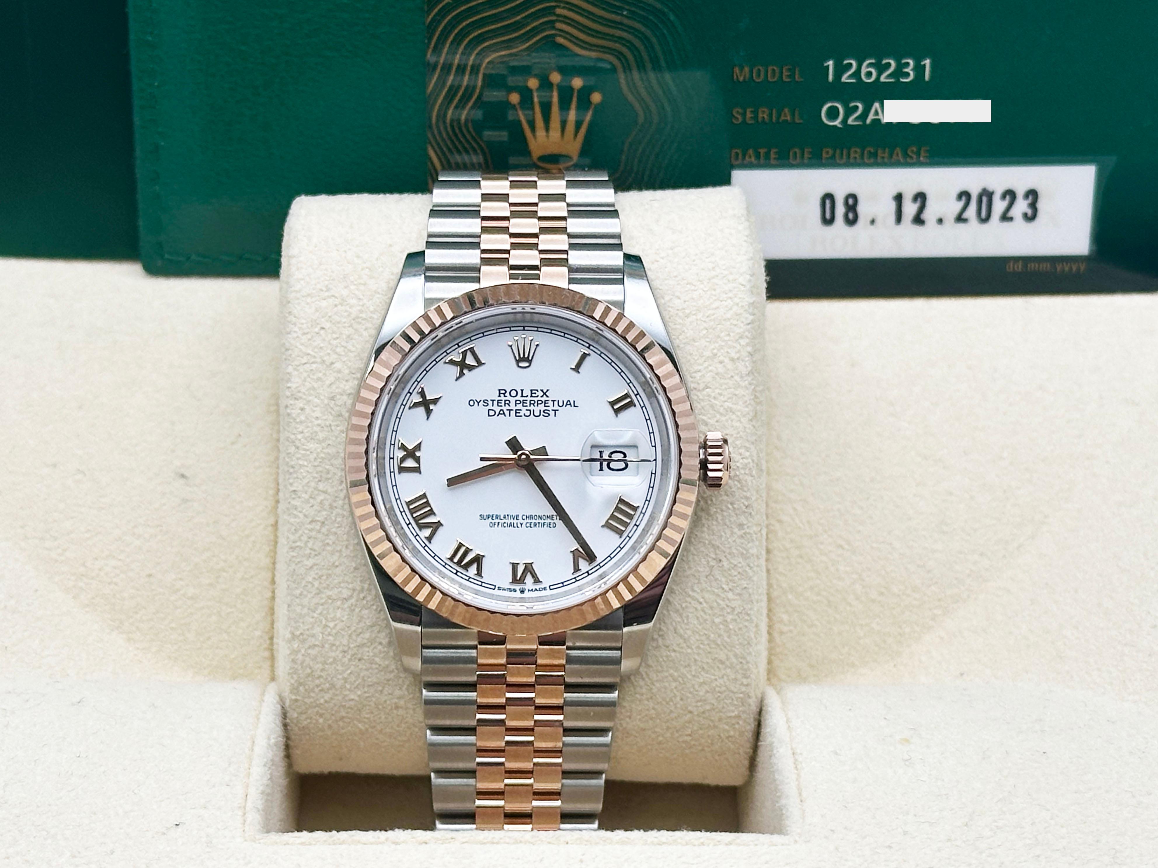Rolex Datejust 36 126231 Weißer Römer 18K Rose Gold Edelstahl Box Papier im Angebot 4