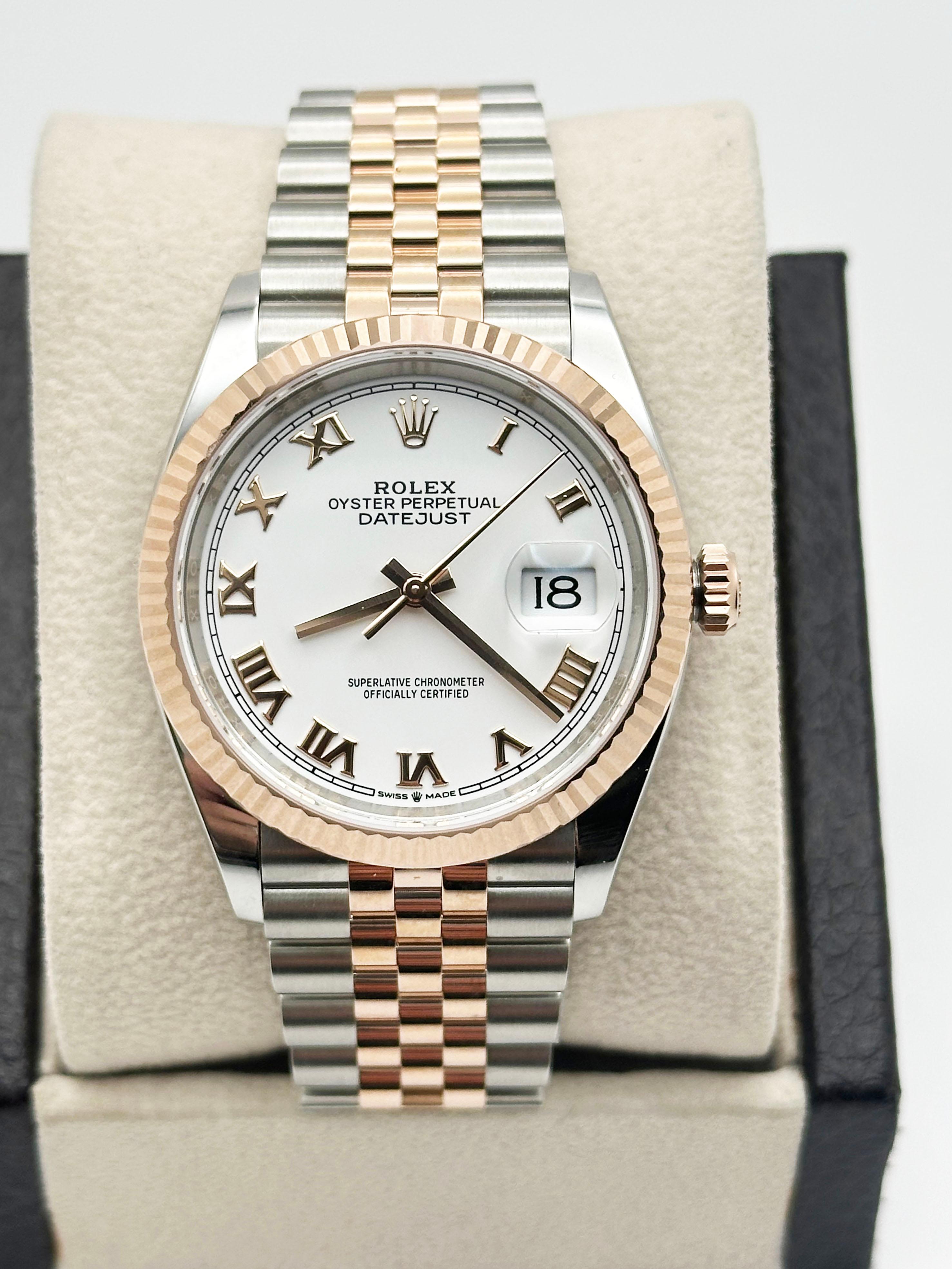 Rolex Datejust 36 126231 White Roman 18K Rose Gold Stainless Steel Box Paper