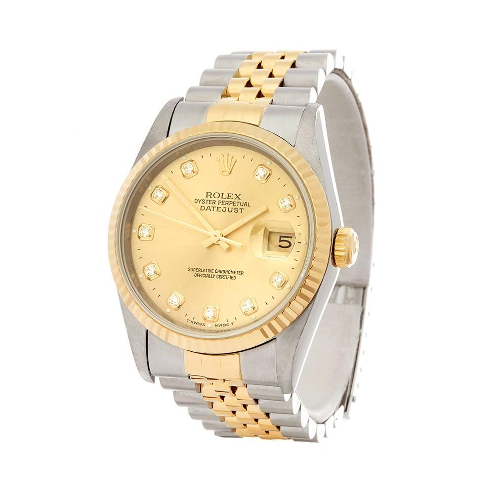Ref: W5137
Manufacturer: Rolex
Model: Datejust
Model Ref: 16233
Age: 
Gender: Mens
Complete With: Xupes Presentation Box
Dial: Champagne Diamond Markers
Glass: Sapphire Crystal
Movement: Automatic
Water Resistance: To Manufacturers