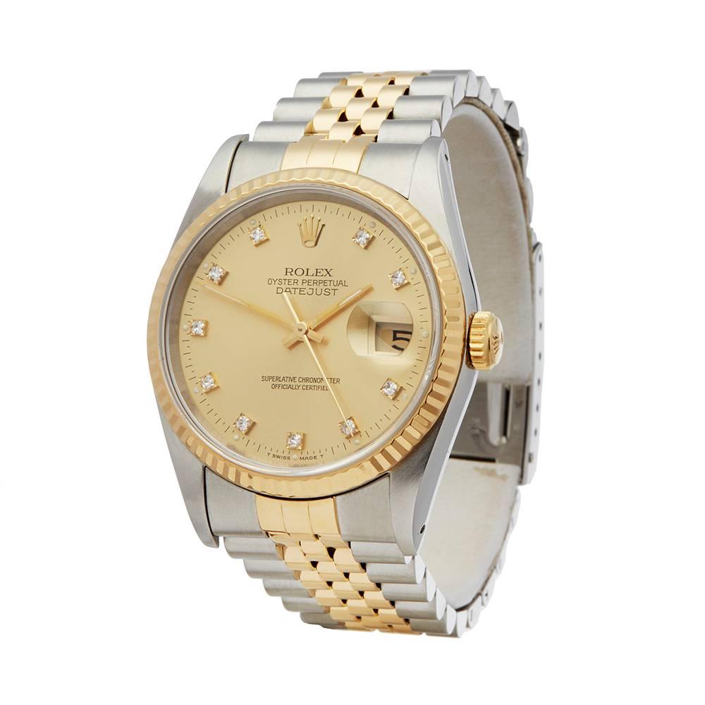 Ref: COM1486
Manufacturer: Rolex
Model: Datejust
Model Ref: 16233
Age: 8th July 1992
Gender: Mens
Complete With: Box, Manuals & Guarantee
Dial: Champagne Diamond Markers
Glass: Sapphire Crystal
Movement: Automatic
Water Resistance: To Manufacturers