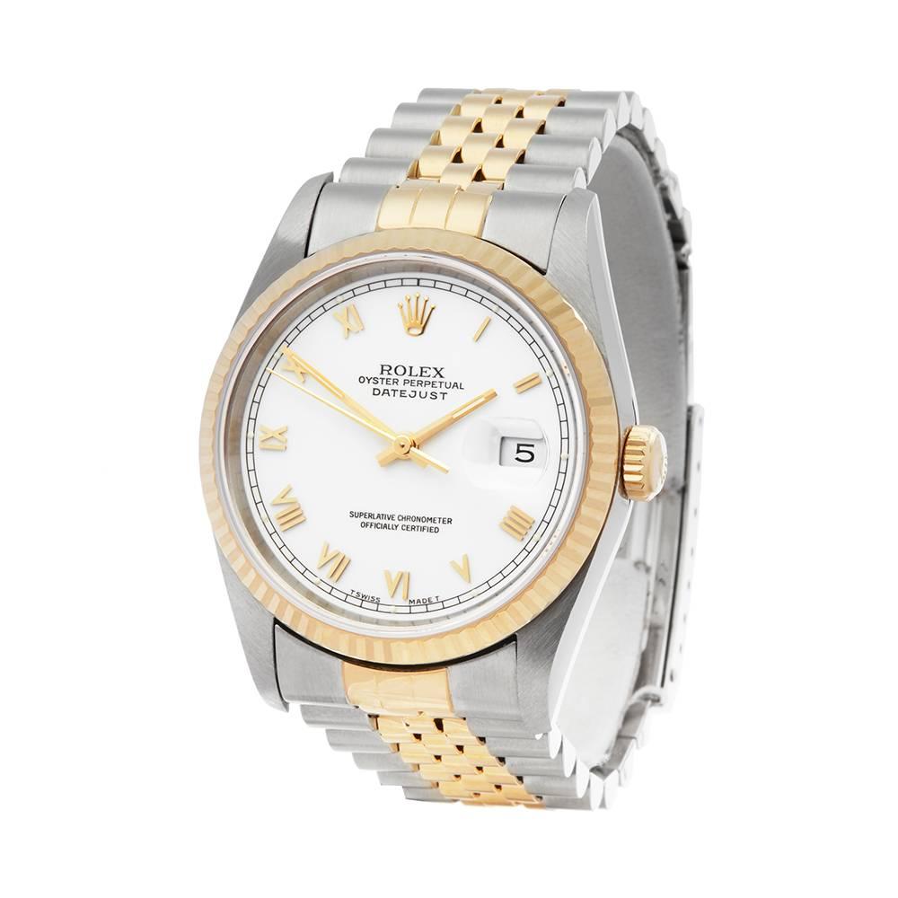 Ref: W5145
Manufacturer: Rolex
Model: Datejust
Model Ref: 16233
Age: 10th December 1996
Gender: Mens
Complete With: Xupes Presentation Box & Guarantee
Dial: White Roman 
Glass: Sapphire Crystal
Movement: Automatic
Water Resistance: To Manufacturers