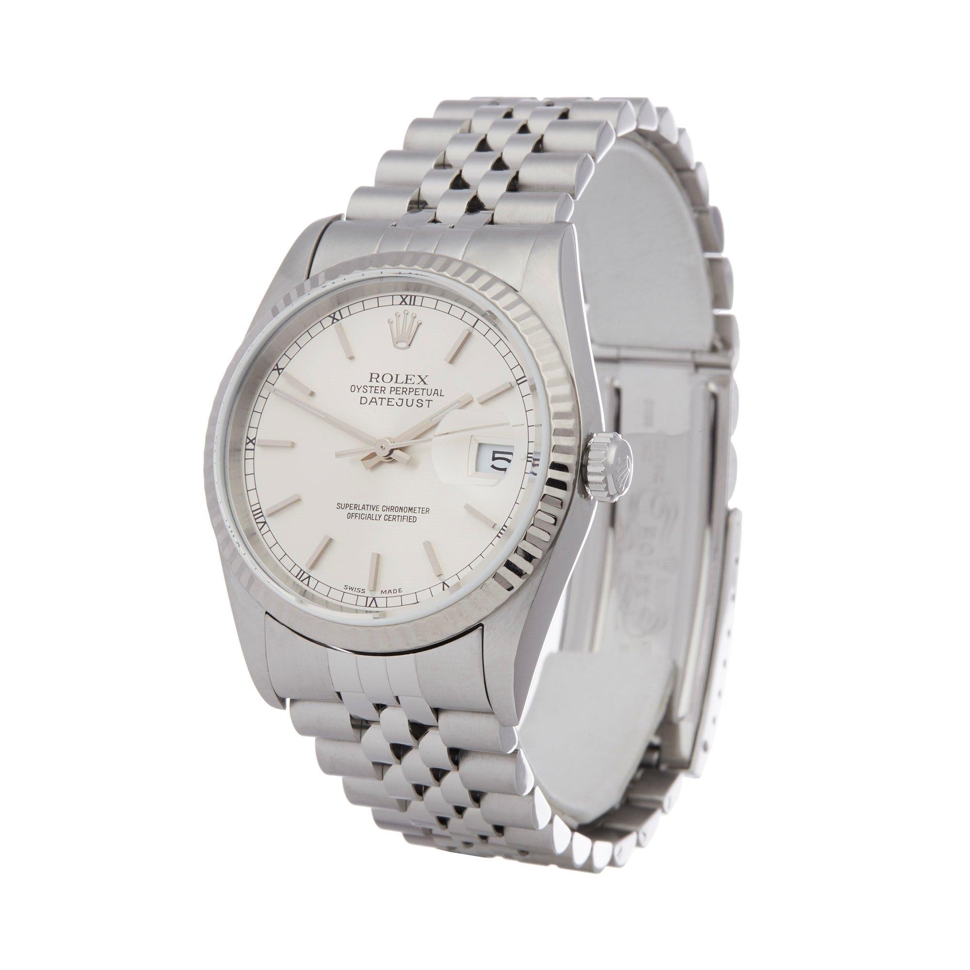 Xupes Reference: W007431
Manufacturer: Rolex
Model: Datejust
Model Variant: 36
Model Number: 16234
Age: 1997
Gender: Unisex
Complete With: Rolex Box
Dial: Silver Baton
Glass: Sapphire Crystal
Case Size: 36mm
Case Material: Stainless Steel
Strap