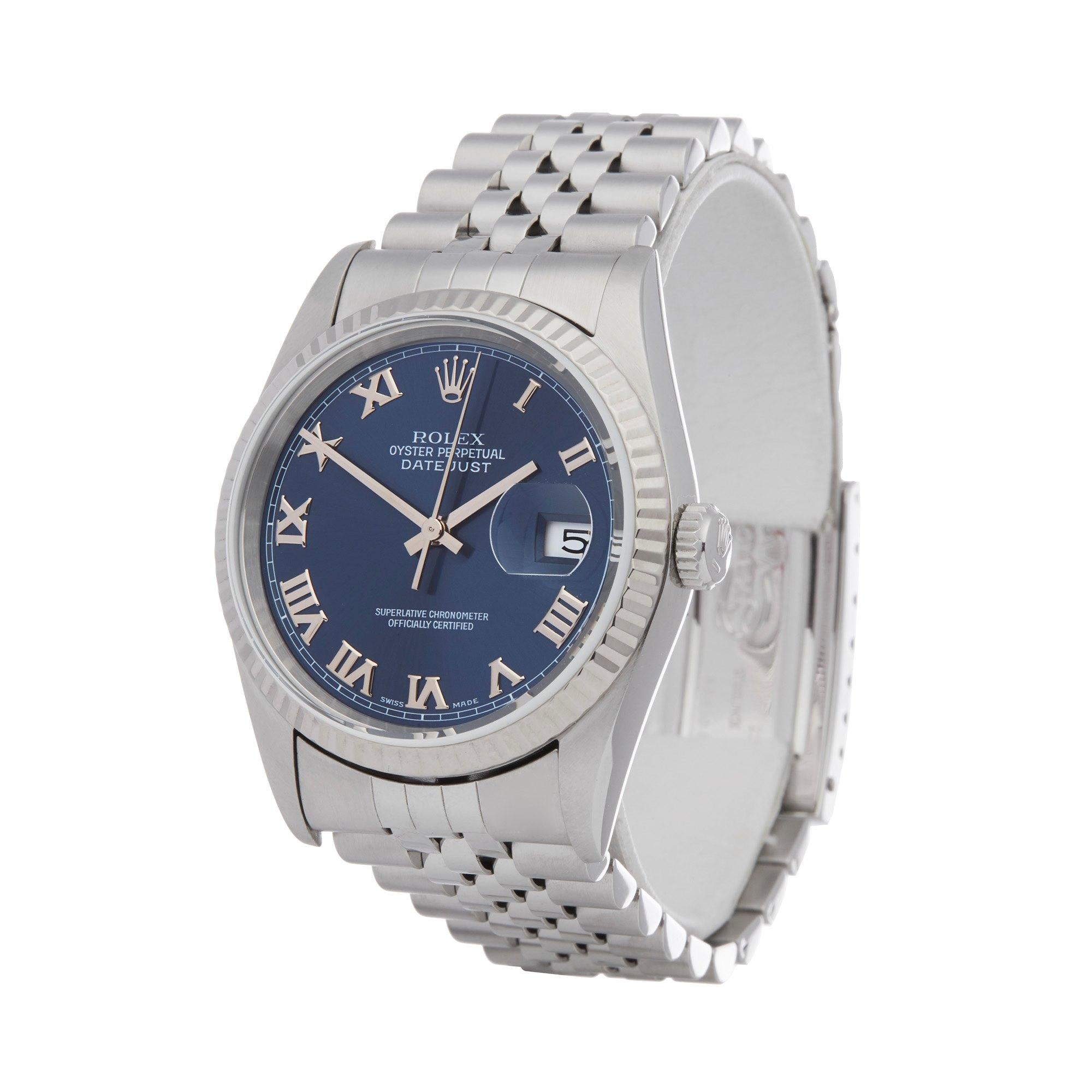 Xupes Reference: W007417
Manufacturer: Rolex
Model: Datejust
Model Variant: 36
Model Number: 16234
Age: 1998
Gender: Unisex
Complete With: Rolex Box
Dial: Blue Roman
Glass: Sapphire Crystal
Case Size: 36mm
Case Material: Stainless Steel
Strap