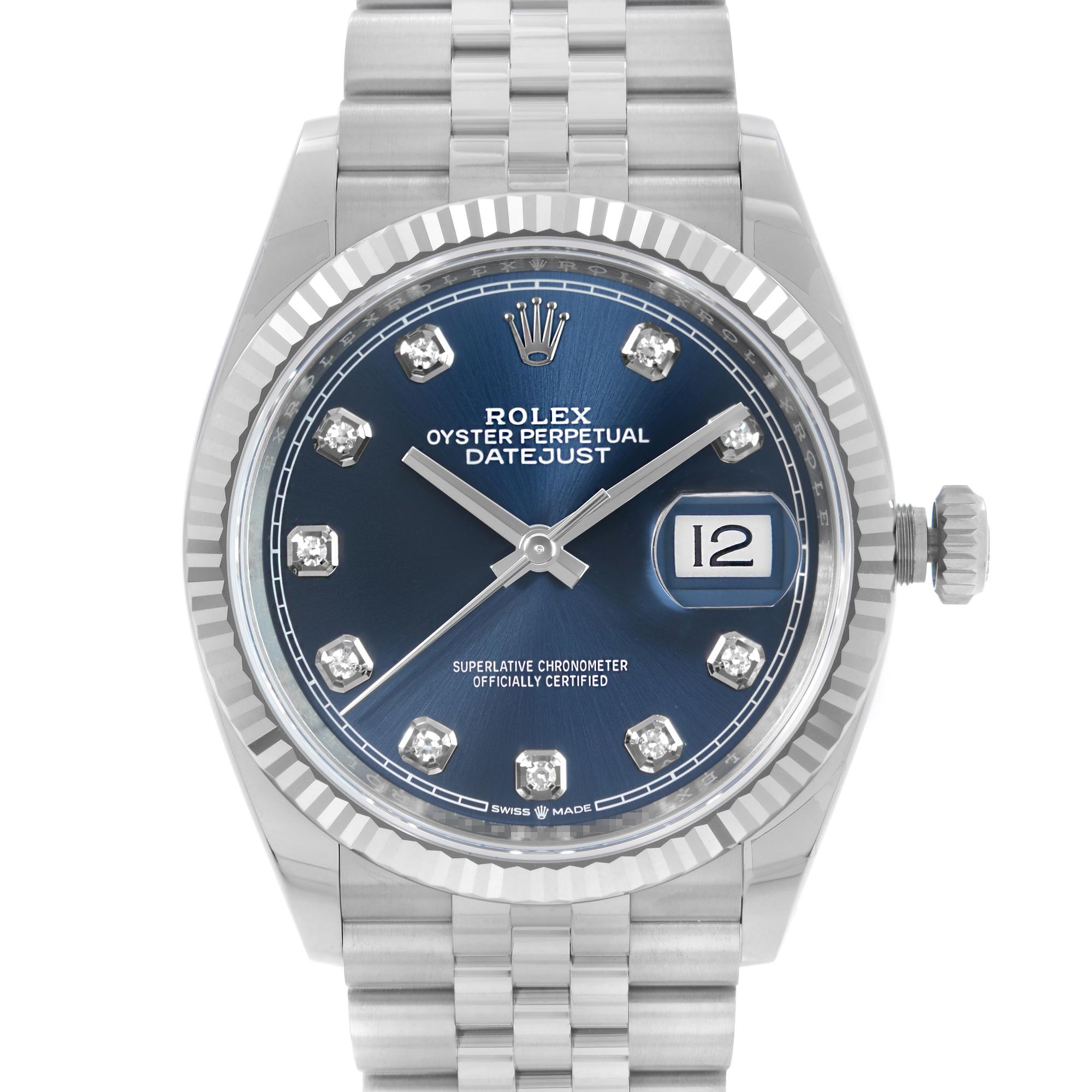 Unworn Rolex Datejust 36mm 18k White Gold Steel Blue Diamond Dial Automatic Watch 126234. Come with a 2021 Card. This Timepiece is Powered by an Automatic Movement and Features: Stainless Steel Case with a Stainless Steel Jubilee Bracelet, Fixed 18k