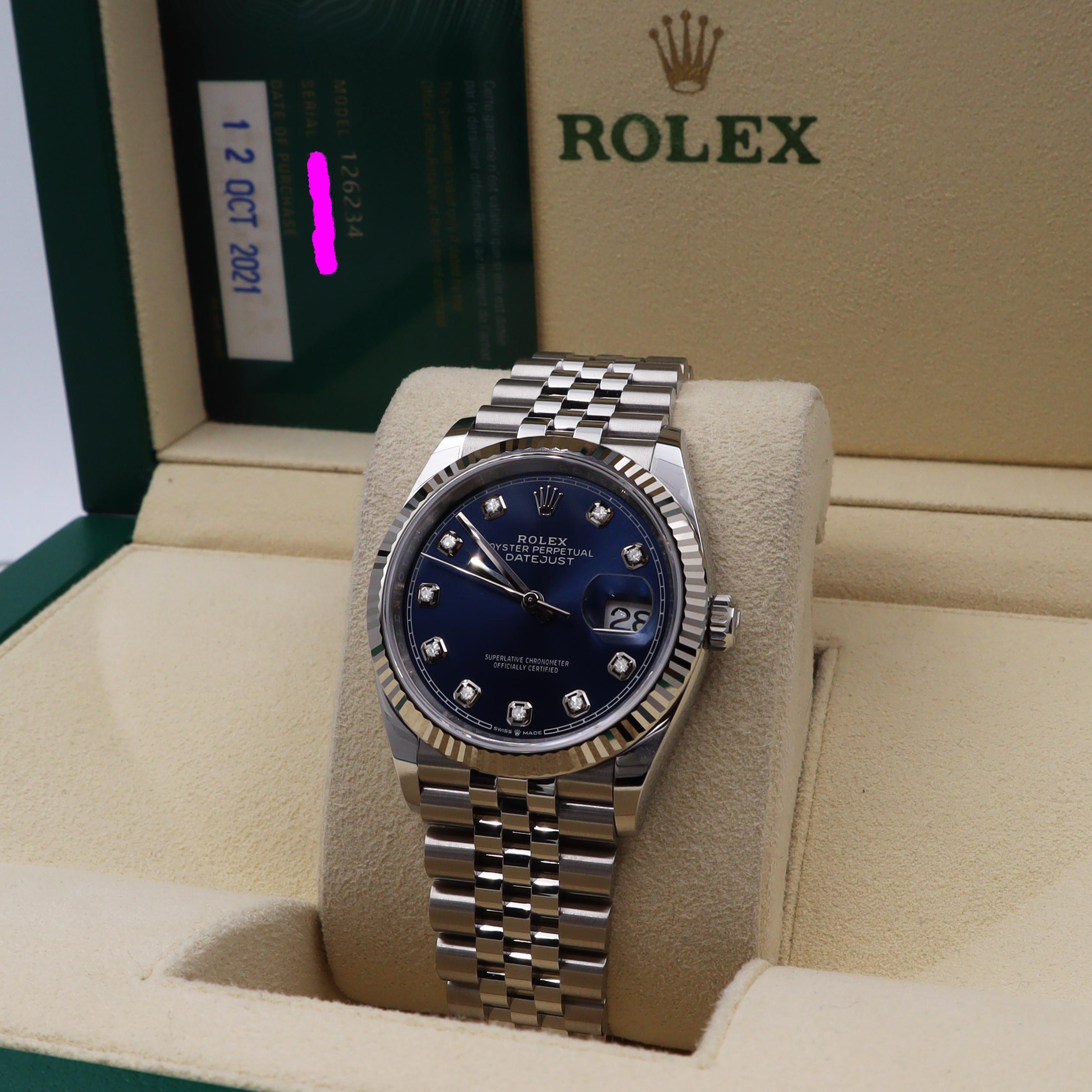 Men's Rolex Datejust 36 18k White Gold Steel Blue Diamond Dial Automatic Watch 126234 For Sale