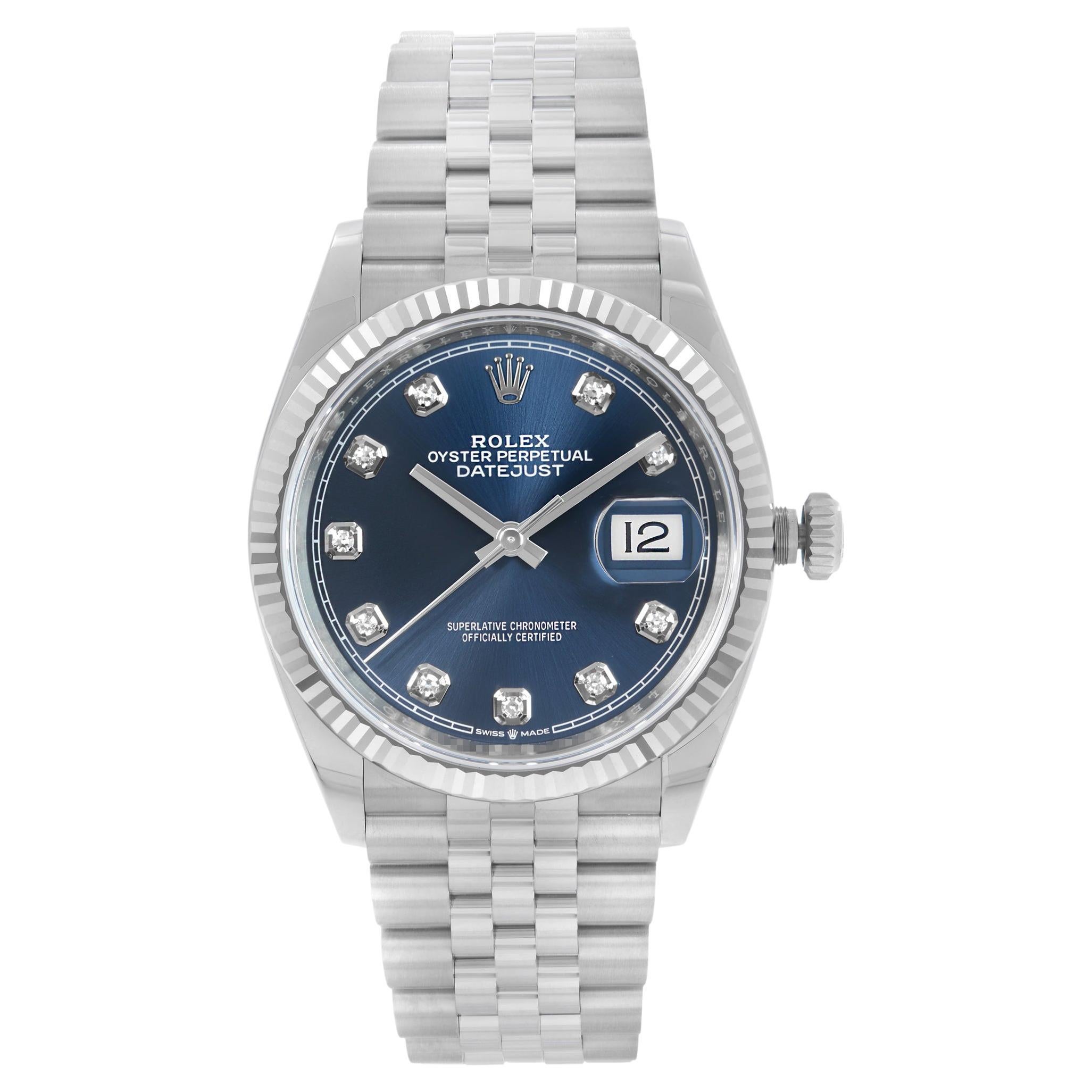 Rolex Datejust 36 18k White Gold Steel Blue Diamond Dial Automatic Watch 126234 For Sale