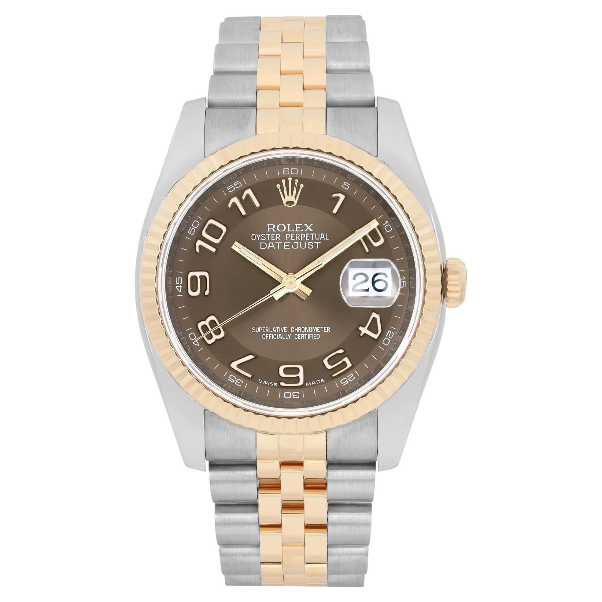 Rolex Datejust 36 Oro giallo 18k Quadrante arabo cioccolato 116233 in vendita