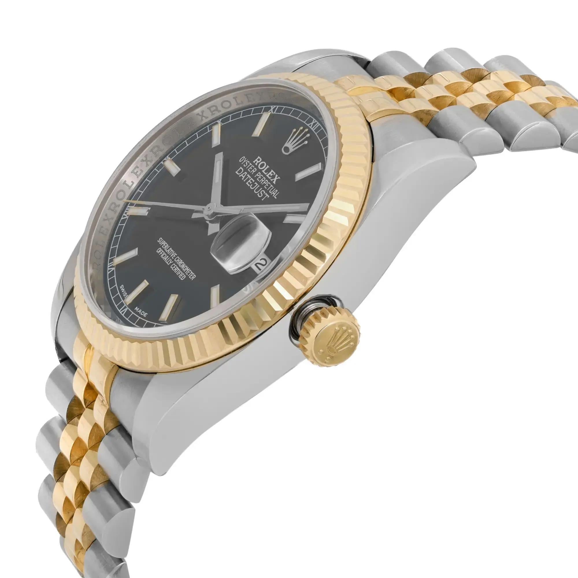 Rolex Datejust 36 18k Yellow Gold Steel Black Index Dial Automatic Watch 116233 In Excellent Condition For Sale In New York, NY