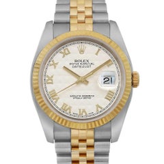 Rolex Datejust 36 18k Yellow Gold Steel Ivory Pyramid Dial Men Watch 116233