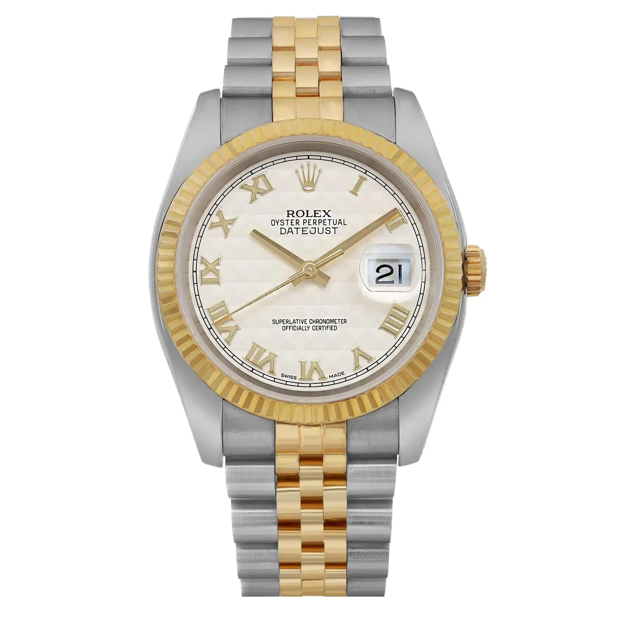 Rolex Datejust 36 18k Yellow Gold Steel Ivory Pyramid Dial Men Watch 116233