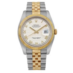 Rolex Datejust 36 18k Yellow Gold Steel Ivory Pyramid Dial Men Watch 116233