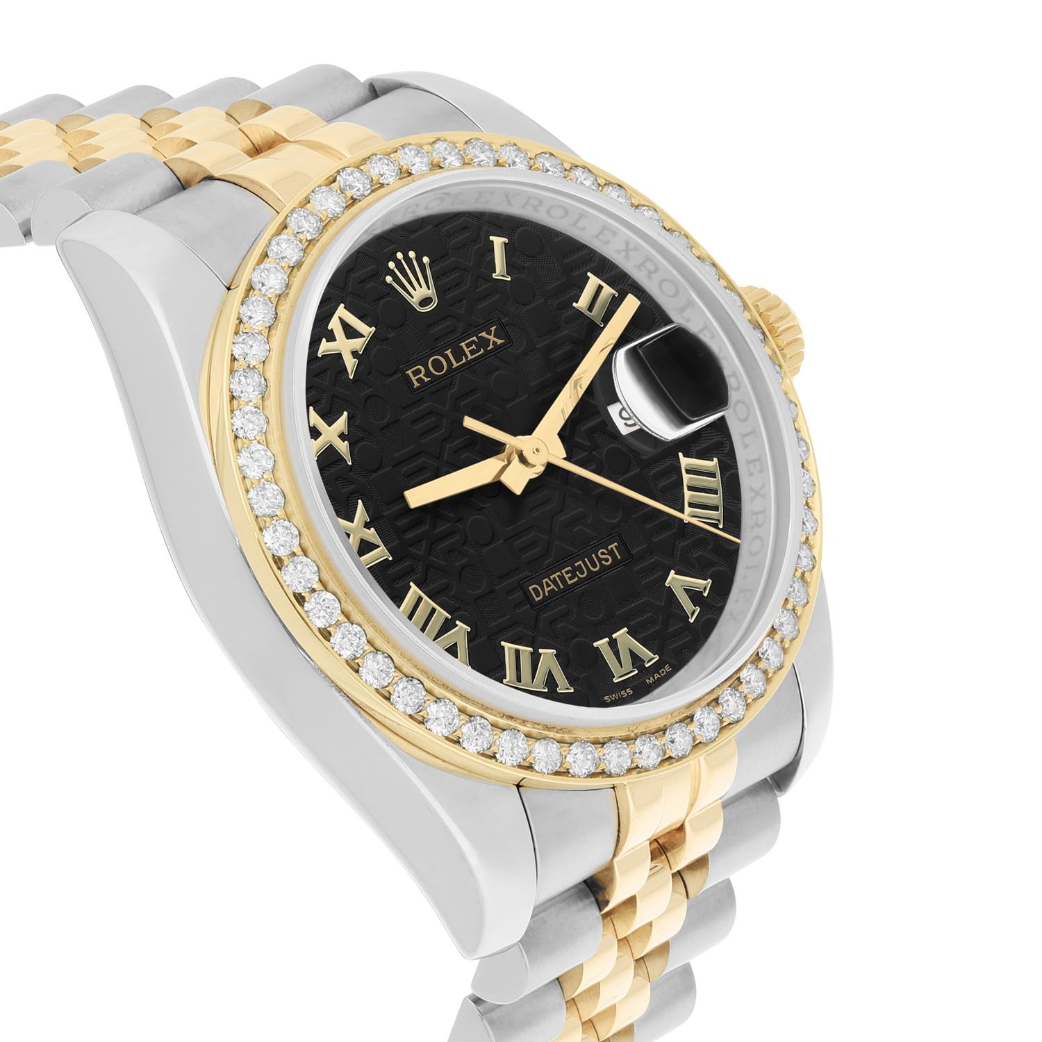 Rolex Datejust 36 2tone 116233 Diamond Bezel Black Logo Dial Jubilee Band en vente 1
