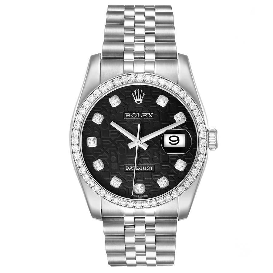 Rolex Datejust 36 Quadrante Nero Diamante Lunetta Orologio Unisex 116244 Scheda Scatola. Movimento a carica automatica certificato ufficialmente come cronometro. Cassa in acciaio inossidabile di 36 mm di diametro. Logo Rolex su una corona. Lunetta