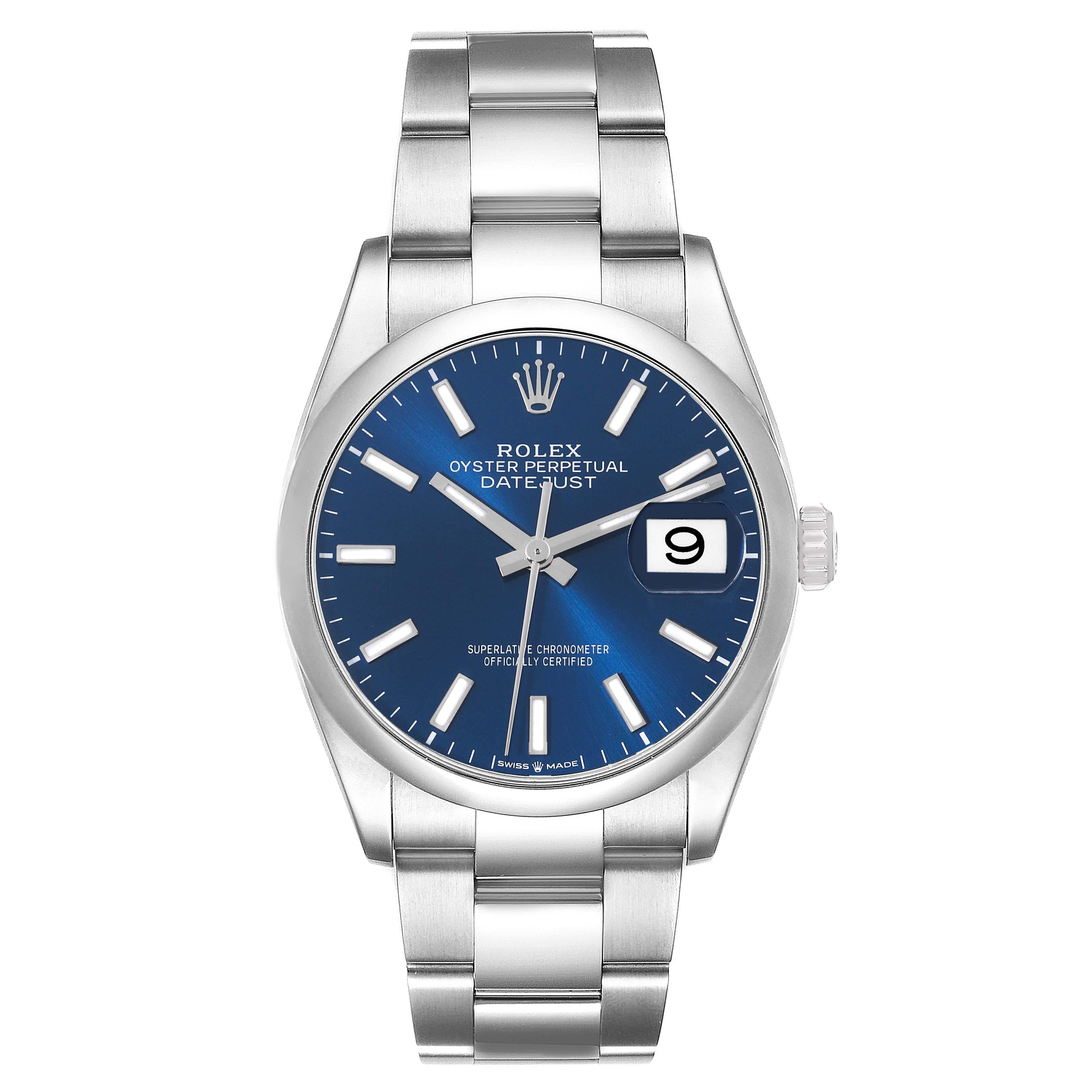 Rolex Datejust 36 Blue Dial Domed Bezel Steel Mens Watch 126200 Box Card. Officially certified chronometer self-winding movement. Stainless steel case 36.0 mm in diameter. Rolex logo on a crown. Stainless steel smooth domed bezel. Scratch resistant