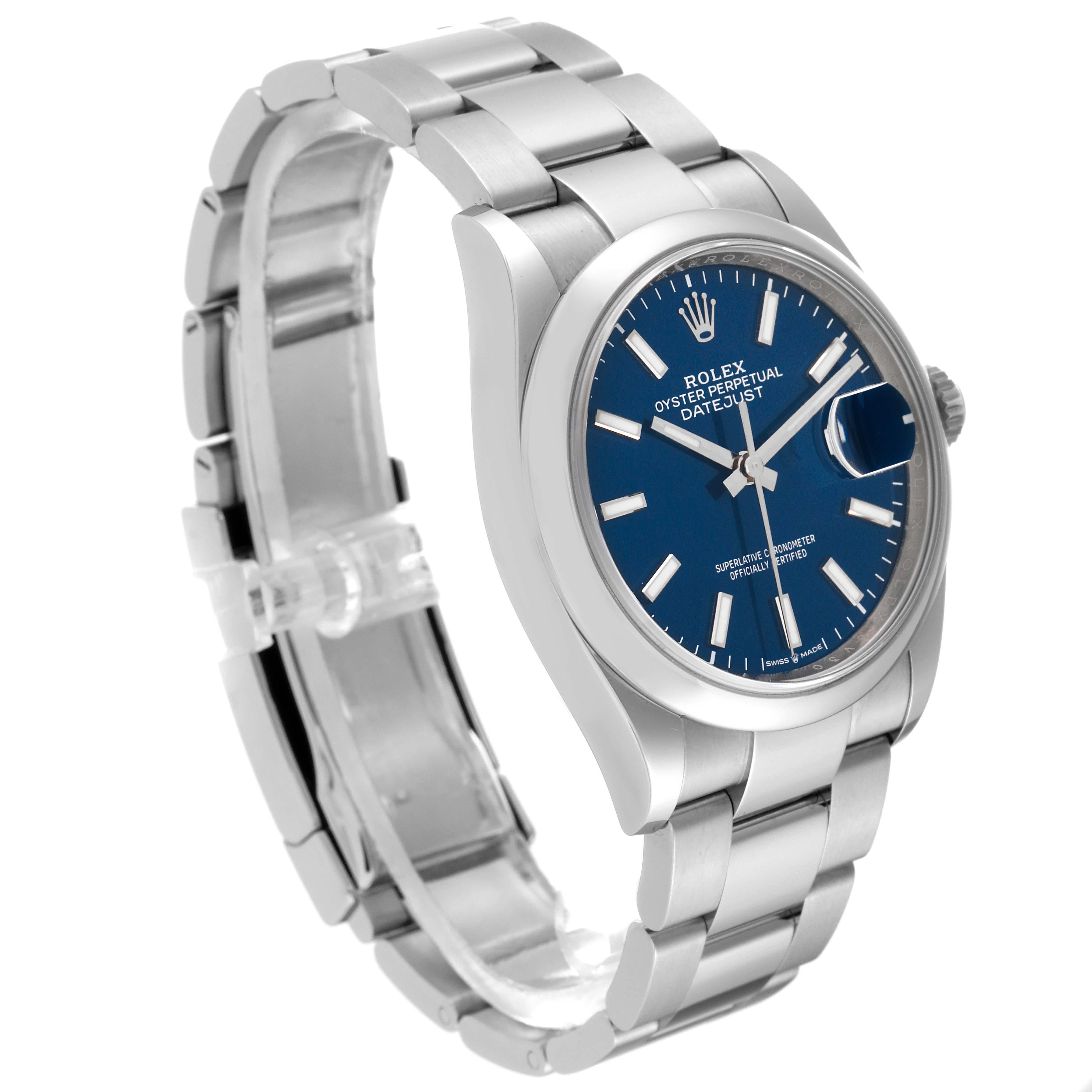 Rolex Datejust 36 Blue Dial Domed Bezel Steel Mens Watch 126200 Card. Officially certified chronometer automatic self-winding movement. Stainless steel case 36.0 mm in diameter. Rolex logo on a crown. Stainless steel smooth domed bezel. Scratch