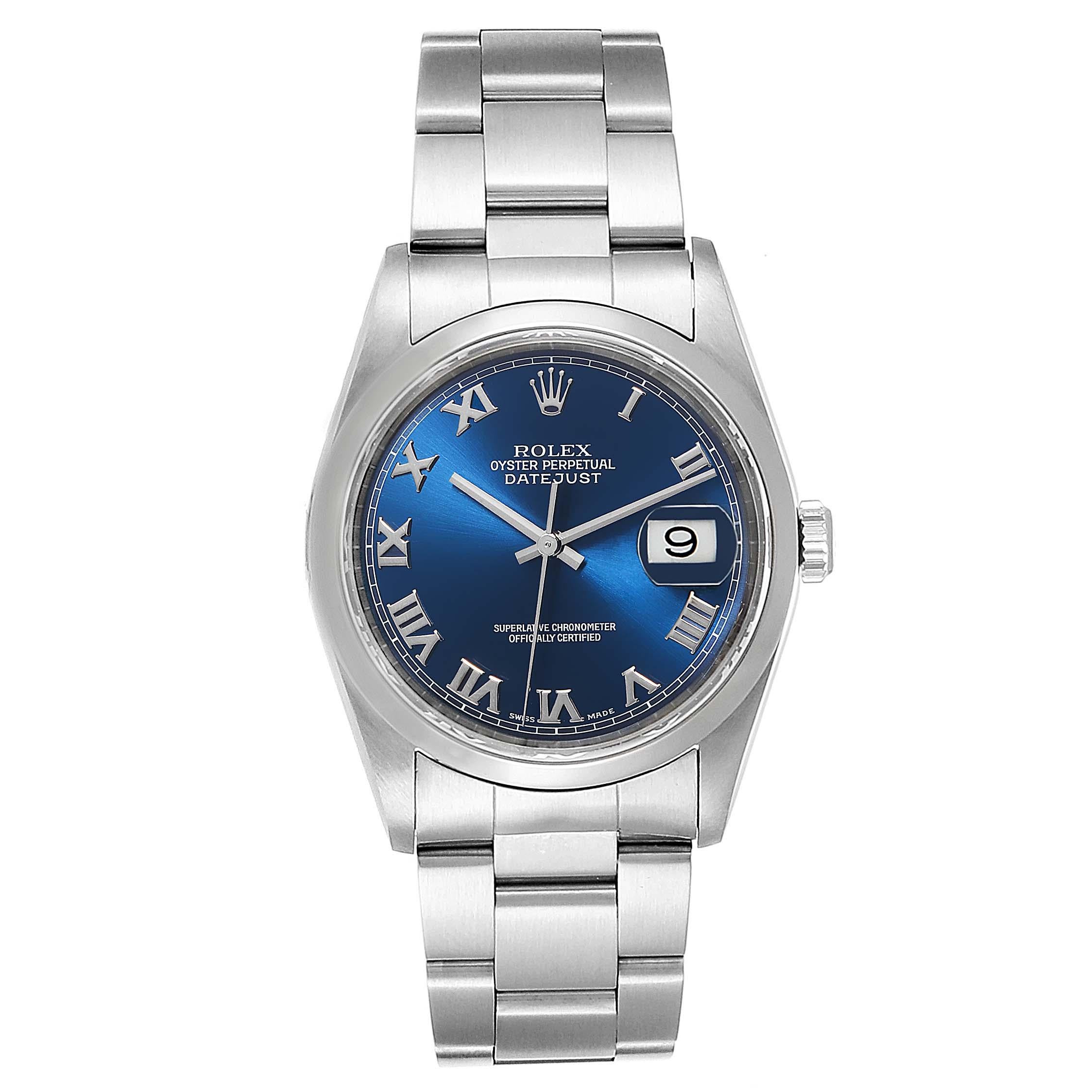 Rolex Datejust 36 Blue Dial Oyster Bracelet Steel Mens Watch 16200. Officially certified chronometer automatic self-winding movement. Stainless steel oyster case 36 mm in diameter. Rolex logo on a crown. Stainless steel smooth bezel. Scratch