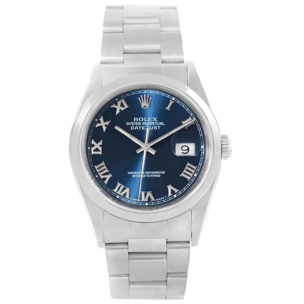 Rolex Datejust 36 Blue Roman Dial Domed Bezel Steel Men's Watch 16200 For Sale 7