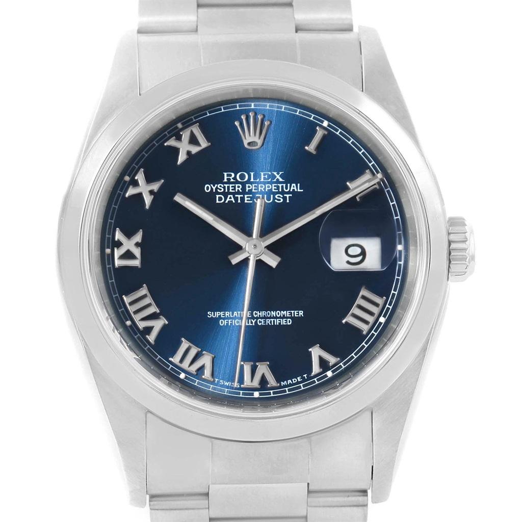 Rolex Datejust 36 Blue Roman Dial Domed BezelSteel Mens Watch 16200. Officially certified chronometer automatic self-winding movement. Stainless steel oyster case 36 mm in diameter. Rolex logo on a crown. Stainless steel smooth bezel. Scratch