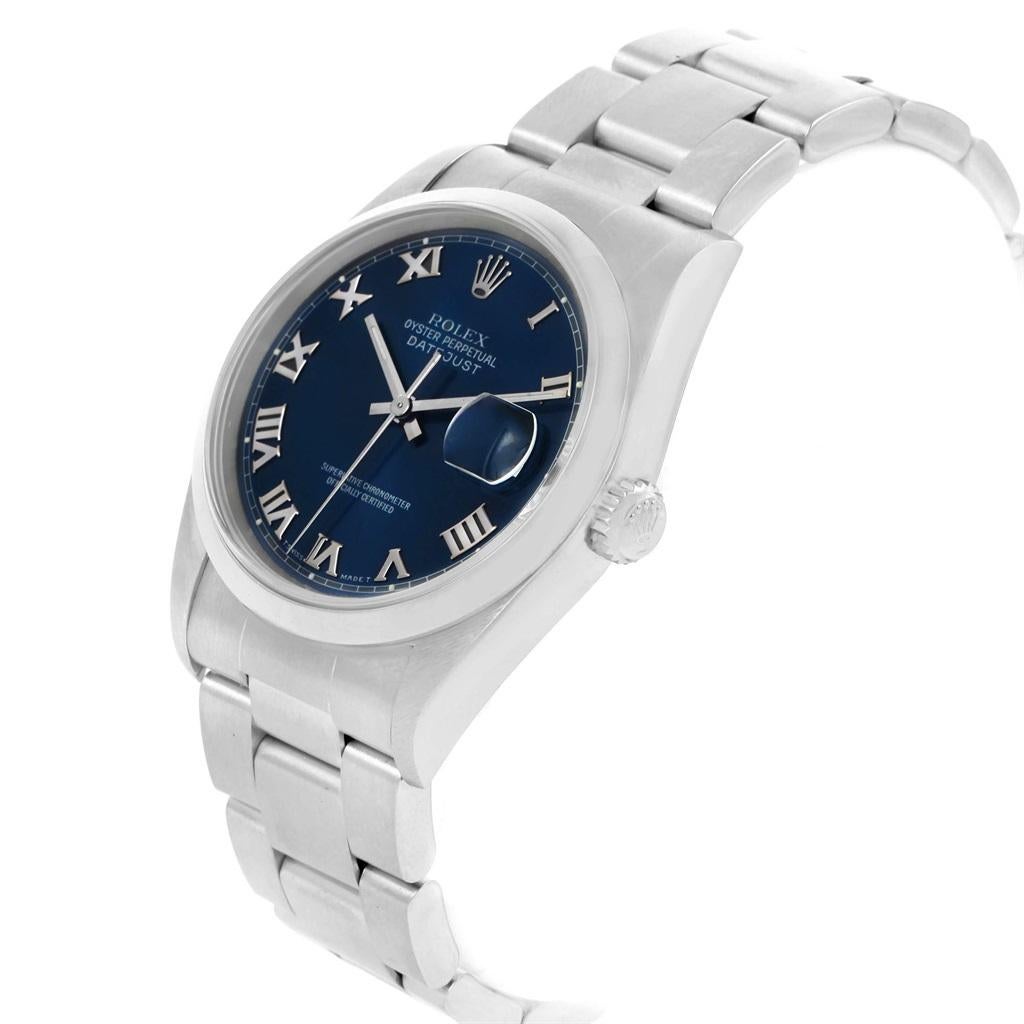 Rolex Datejust 36 Blue Roman Dial Domed Bezel Steel Men's Watch 16200 In Excellent Condition For Sale In Atlanta, GA