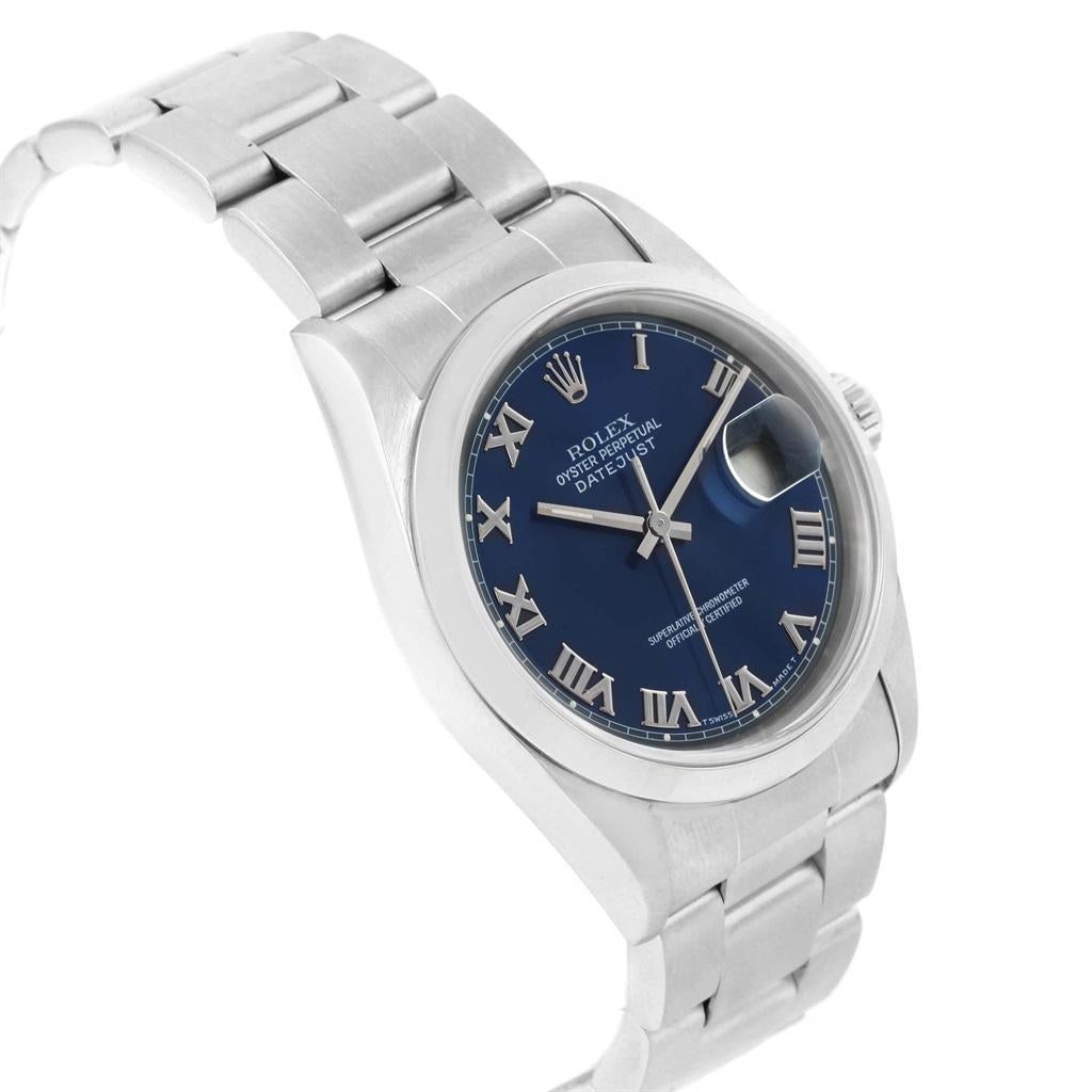 Rolex Datejust 36 Blue Roman Dial Domed Bezel Steel Men's Watch 16200 For Sale 1