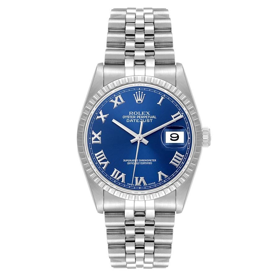 Rolex Datejust 36 Blue Roman Dial Steel Mens Watch 16220. Officially certified chronometer self-winding movement with quickset date function. Stainless steel oyster case 36 mm in diameter. Rolex logo on a crown. Stainless steel engine turned bezel.