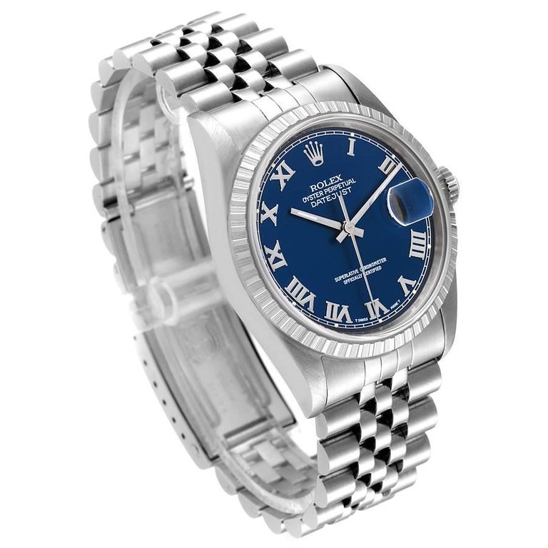 Rolex Datejust 36 StahlHerrenuhr mit blauem römischen Zifferblatt 16220 im Angebot bei 1stDibs