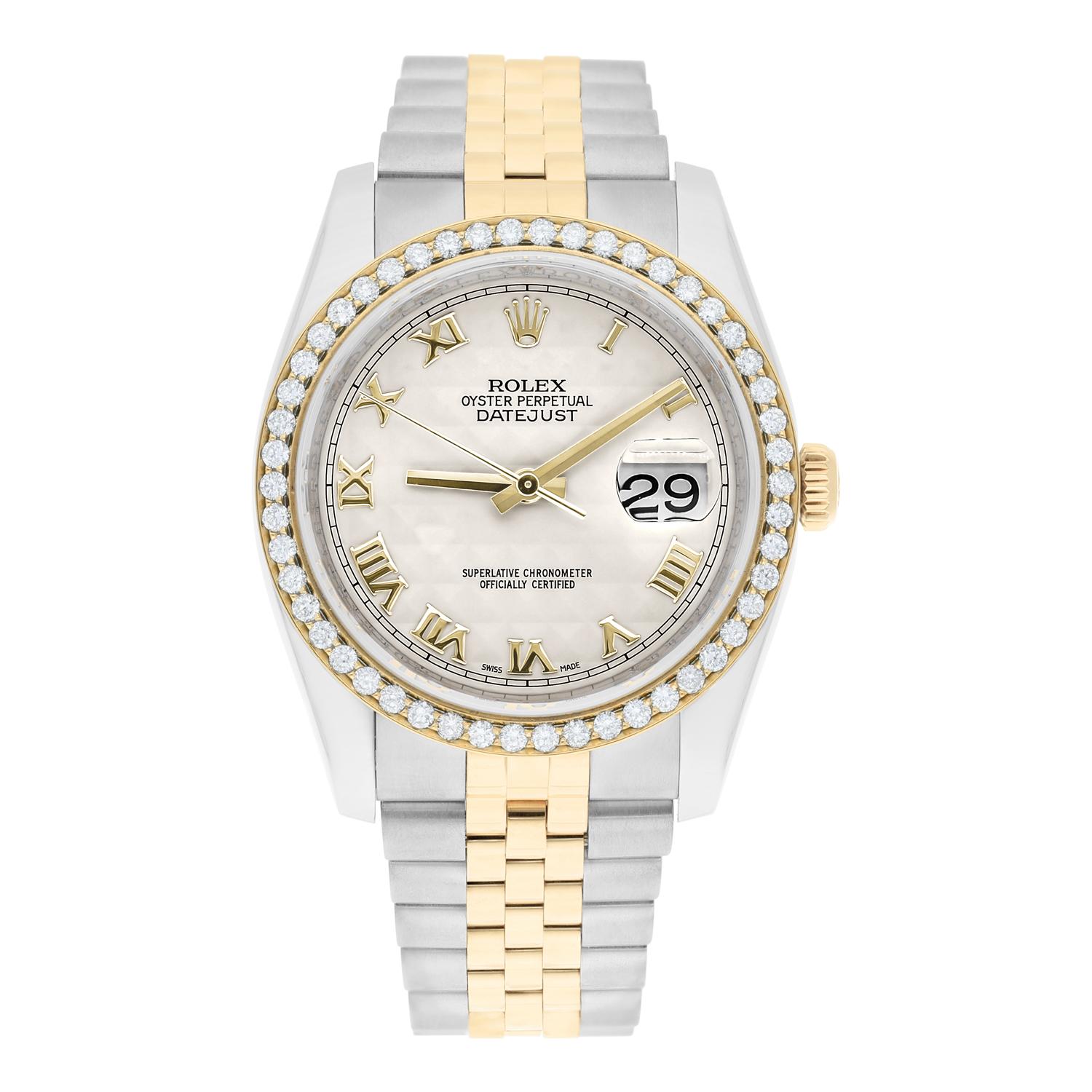 Rolex Datejust 36 Gold and Steel 116233 Ivory Pyramid Roman Dial Custom Diamond Bezel Jubilee Watch

This watch has been professionally polished, serviced and is in excellent overall condition. There are absolutely no visible scratches or blemishes.