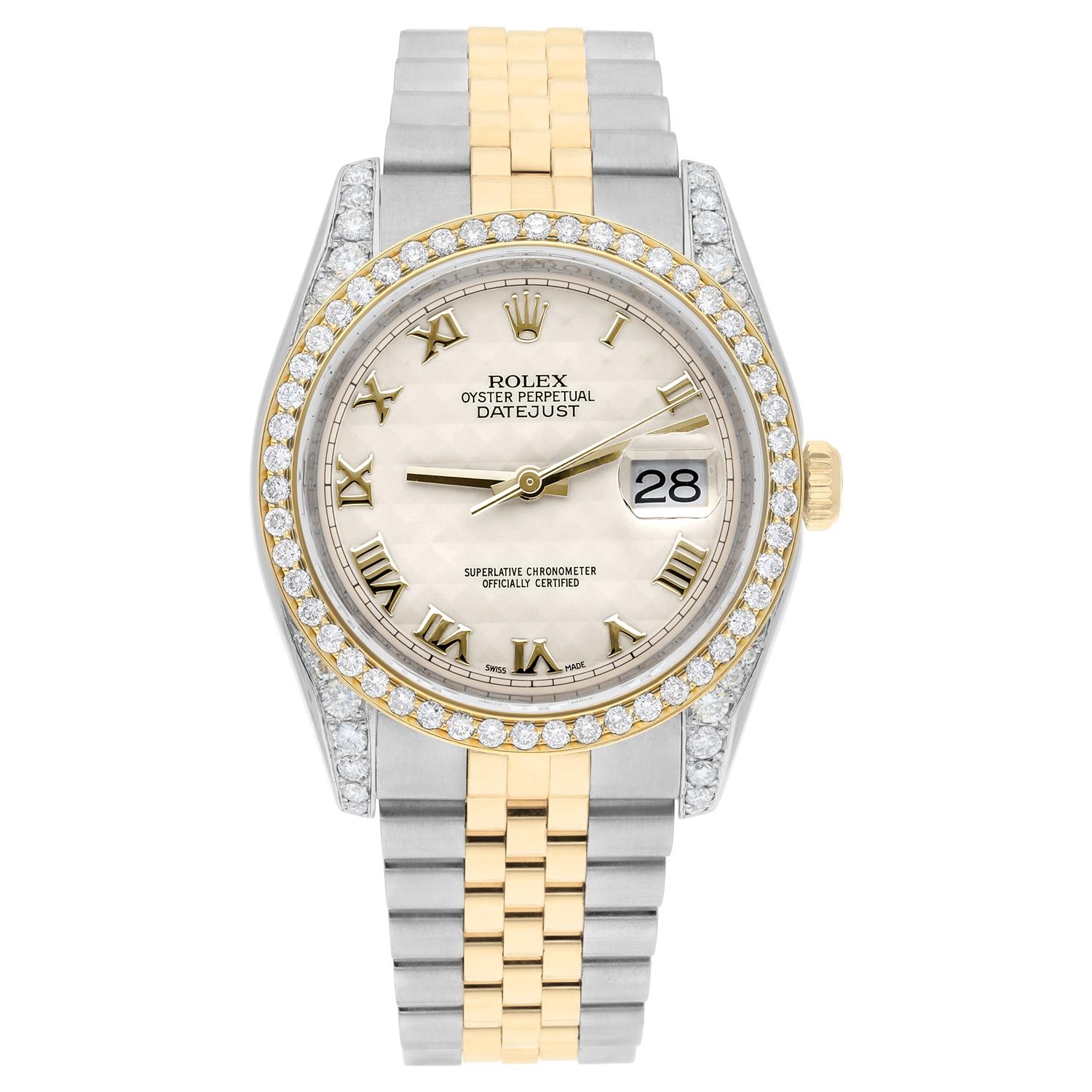 This watch has been professionally polished, serviced and is in excellent overall condition. There are absolutely no visible scratches or blemishes. Authenticity guaranteed! Diamond bezel 18K gold plated, lugs custom diamond set. Diamonds are 100%