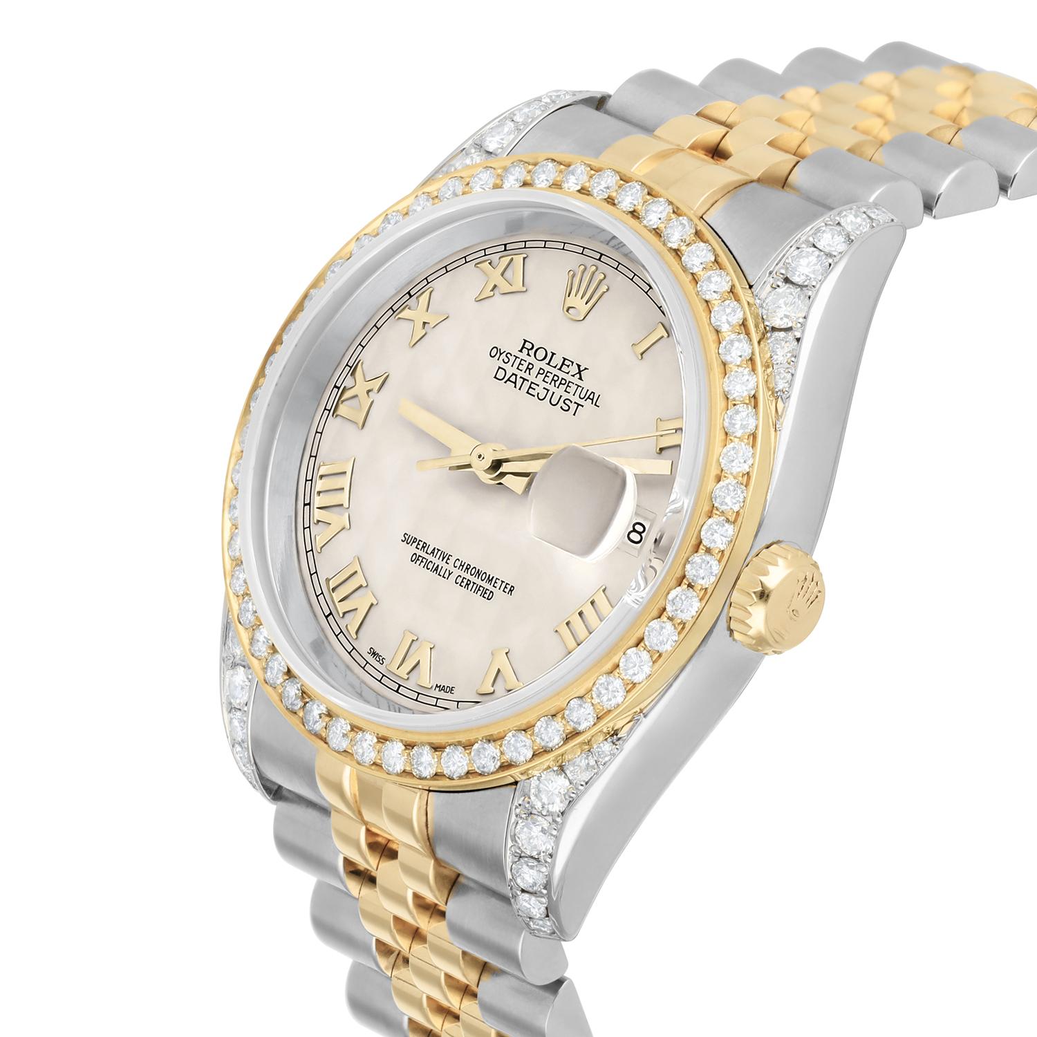 Modern Rolex Datejust 36 Diamond Gold and Steel 116233 Ivory Pyramid Dial Jubilee Watch For Sale