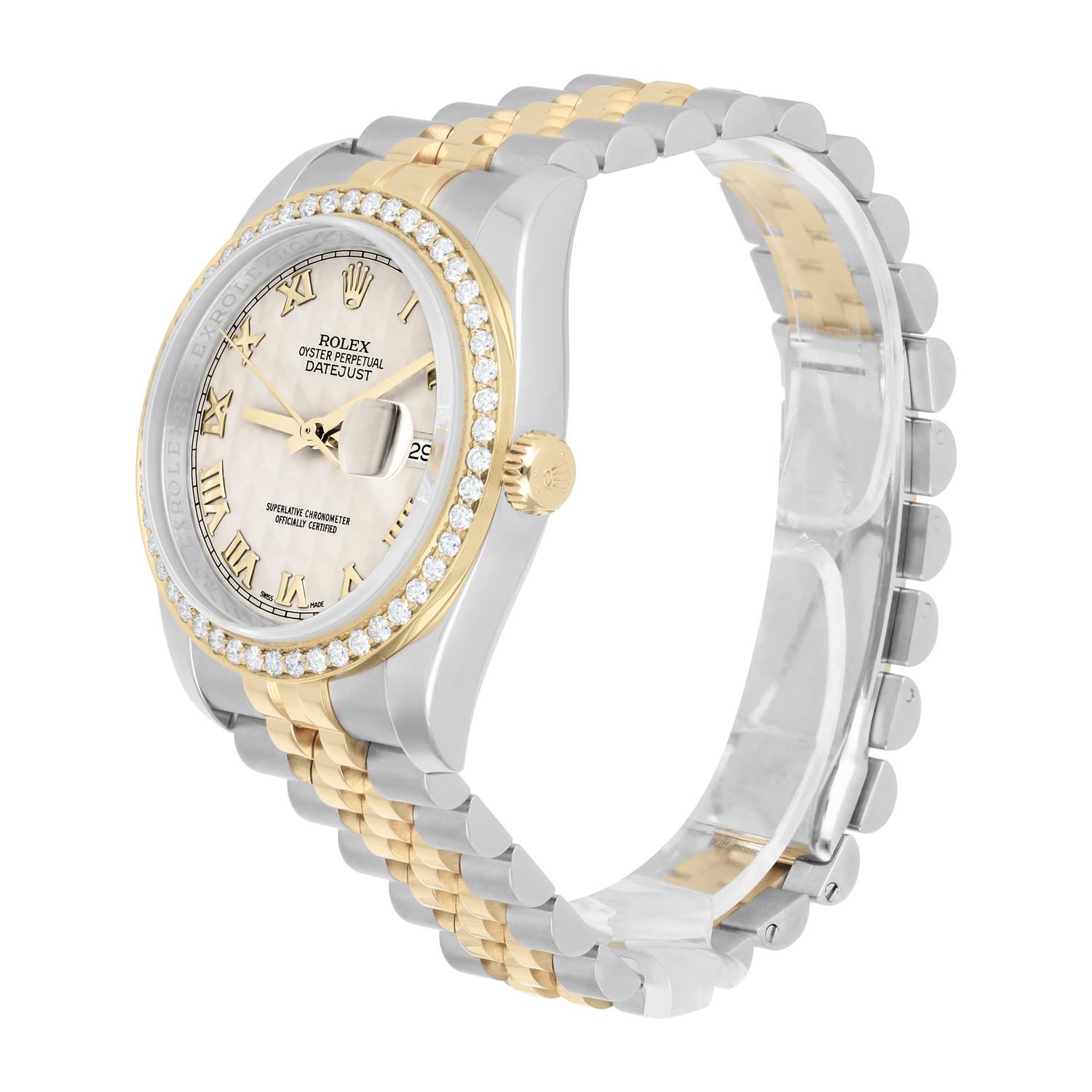 Women's or Men's Rolex Datejust 36 Diamond Gold and Steel 116233 Ivory Pyramid Dial Jubilee Watch For Sale