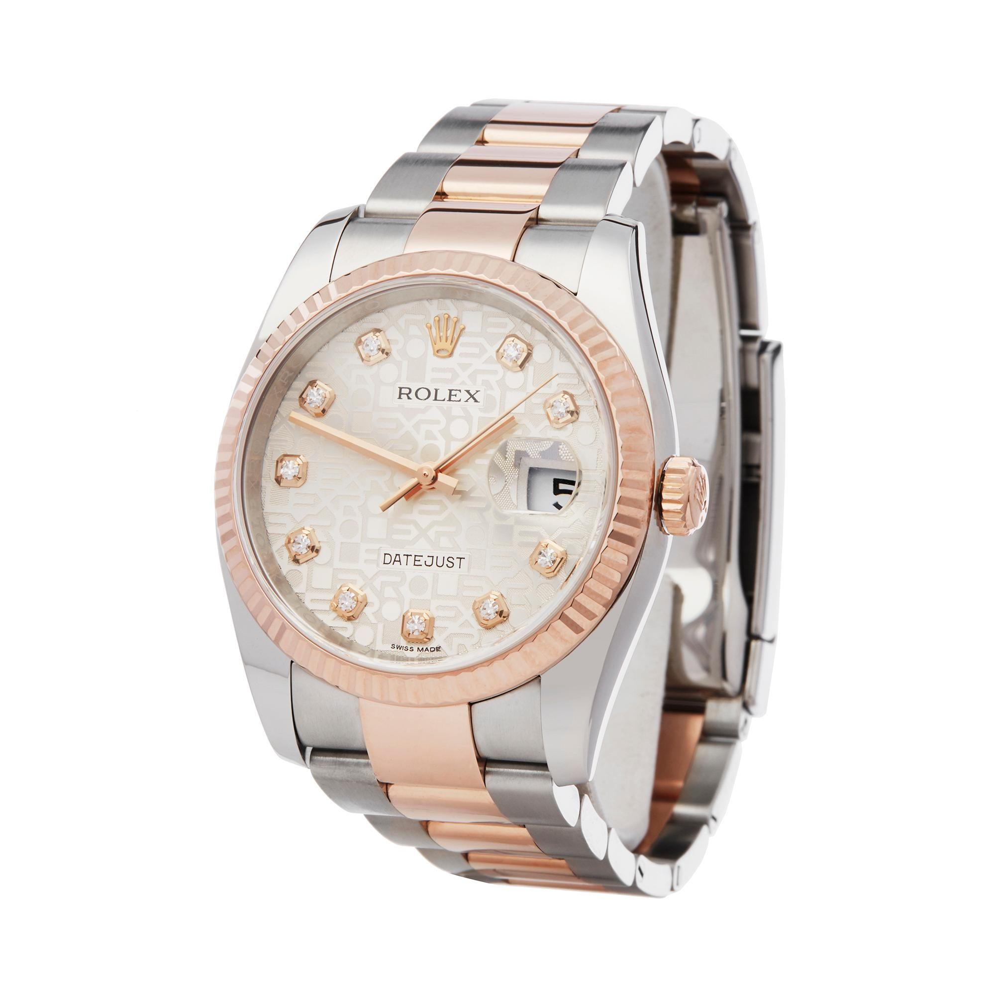 Reference: W6115
Manufacturer: Rolex
Model: Datejust
Model Reference: 116231
Age: 15th August 2017
Gender: Men's
Box and Papers: Box, Manuals and Guarantee
Dial: Silver Diamond
Glass: Sapphire Crystal
Movement: Automatic
Water Resistance: To