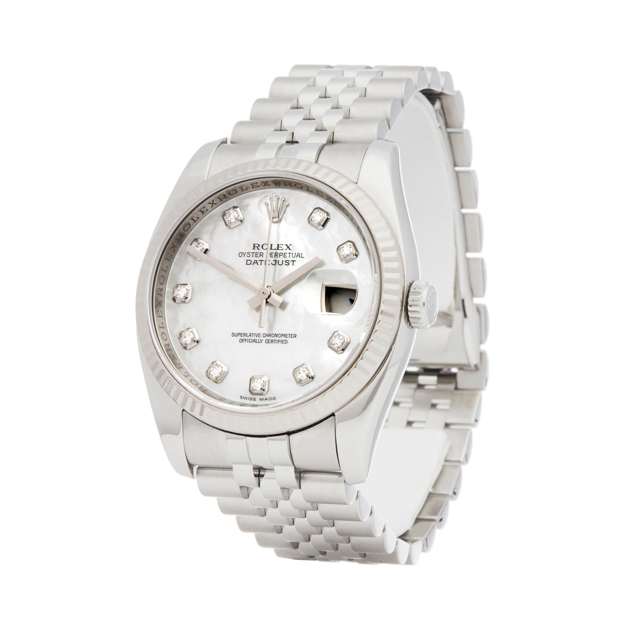 Ref: W6177
Manufacturer: Rolex
Model: DateJust 
Model Ref: 116234
Age: 22nd October 2009
Gender: Mens
Complete With: Box, Manuals, Guarantee, Card Holder & Cleaning Cloth 
Dial: Mother of Pearl
Glass: Sapphire Crystal
Movement: Automatic
Water