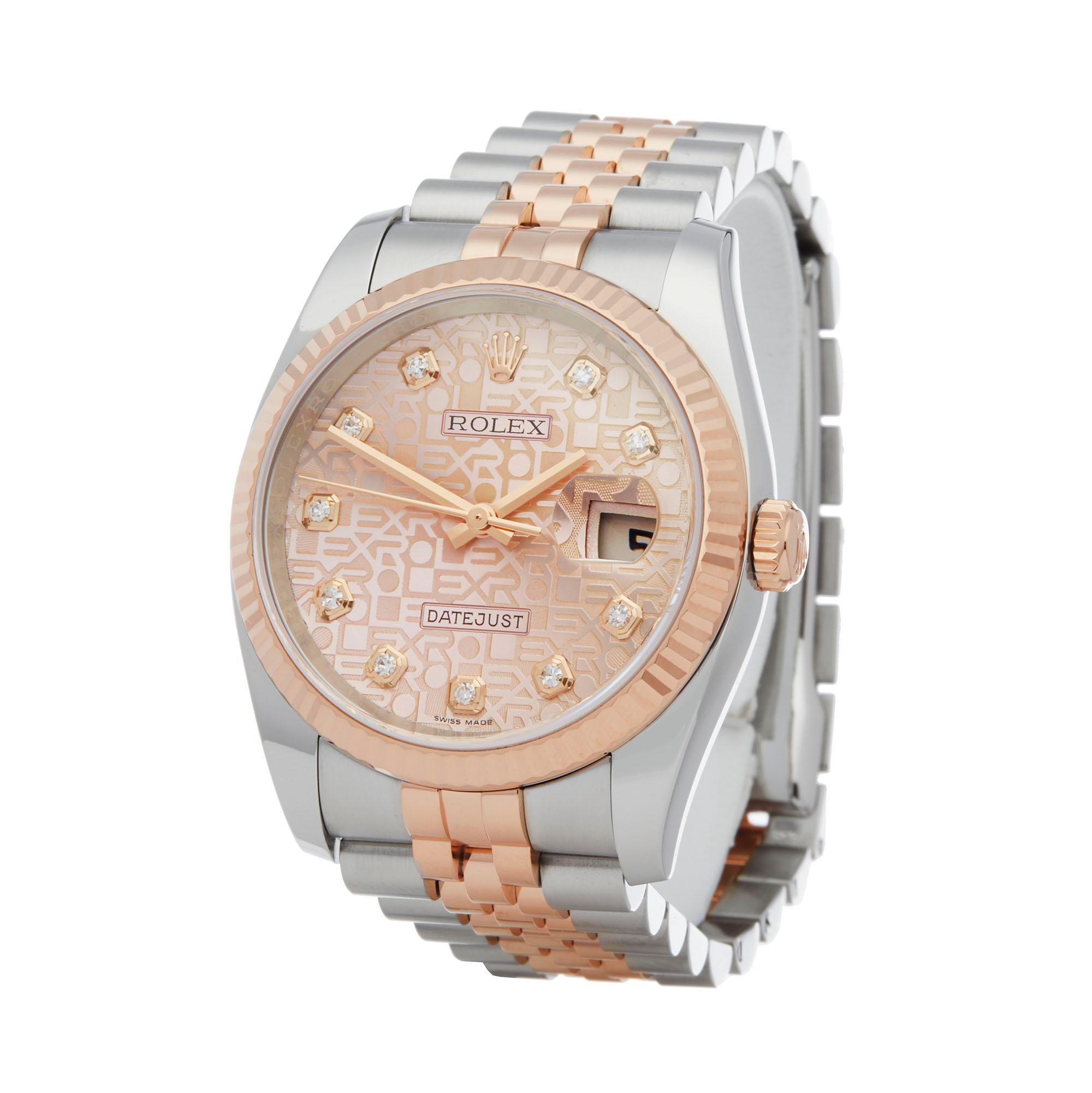 Ref: W6220
Manufacturer: Rolex
Model: DateJust
Model Ref: 116231
Age: 29th May 2017
Gender: Unisex
Complete With: Box & Guarantee
Dial: Pink With Diamond Markers
Glass: Sapphire Crystal
Movement: Automatic
Water Resistance: To Manufacturers