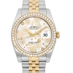 Rolex Datejust 36 Diamonds 18k Gold Steel Floral Silver Dial Watch 116243