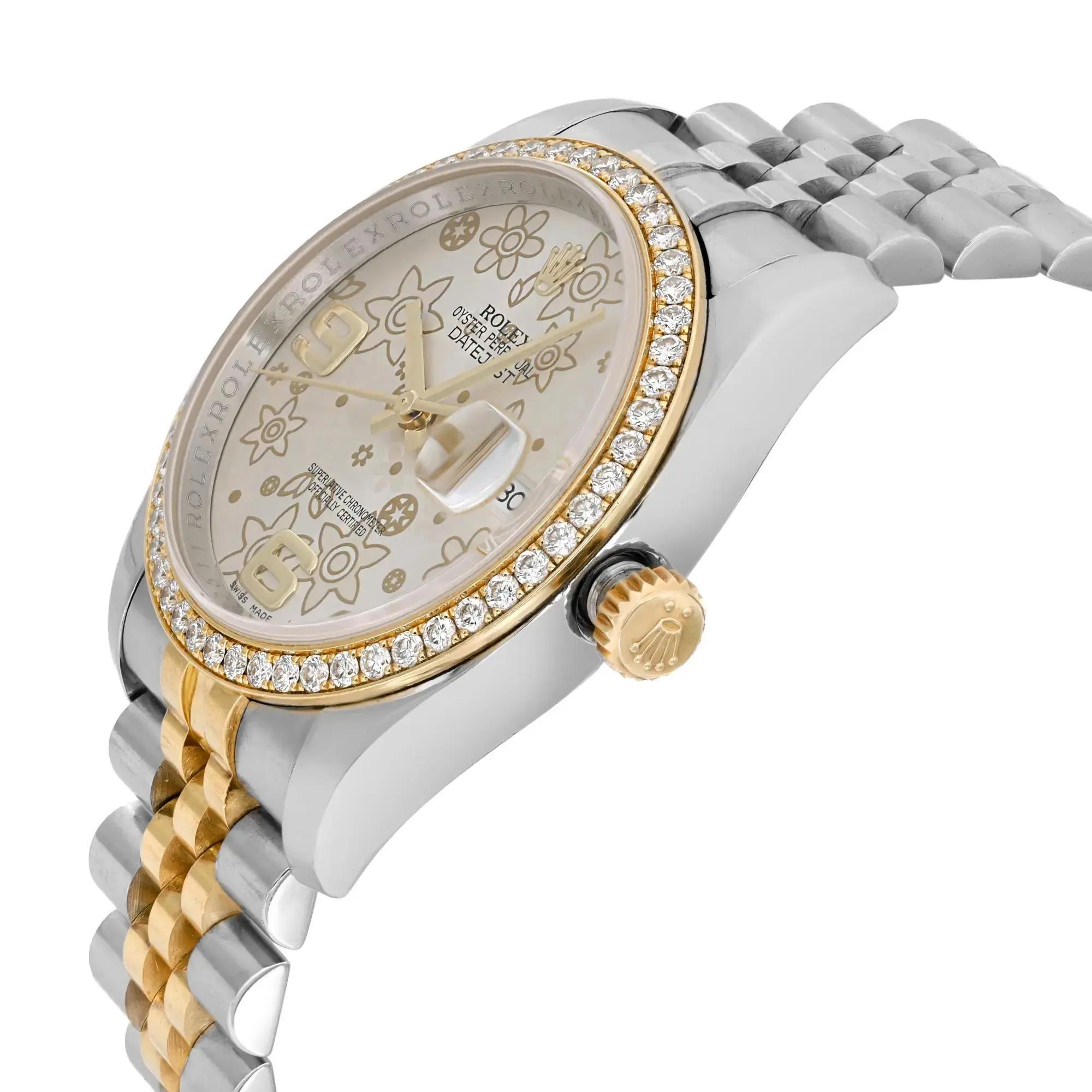 Reloj Rolex Datejust 36 Diamantes Oro 18k Acero Esfera Floral Plata 116243 en Excelente estado para la venta en New York, NY