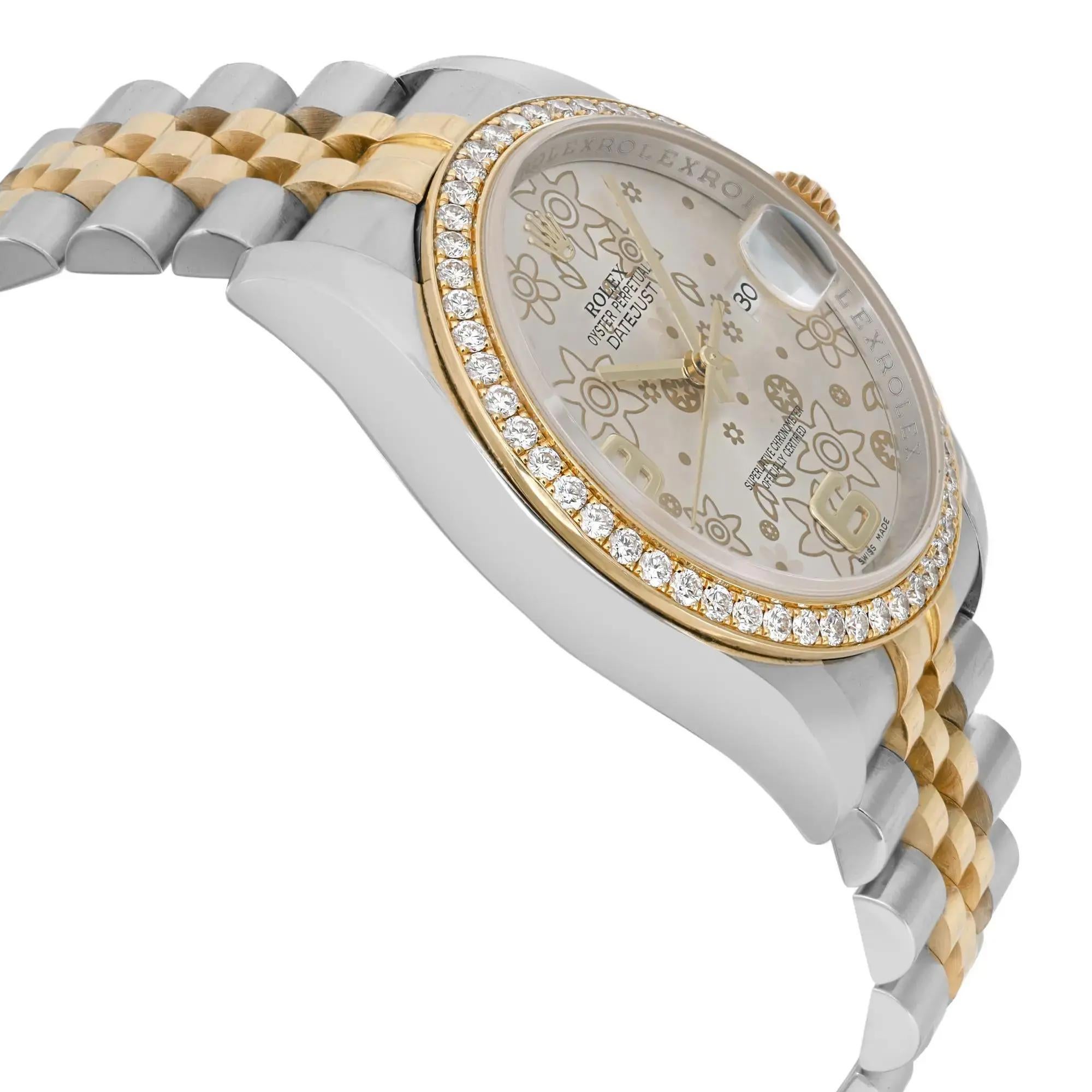 De los hombres Reloj Rolex Datejust 36 Diamantes Oro 18k Acero Esfera Floral Plata 116243 en venta