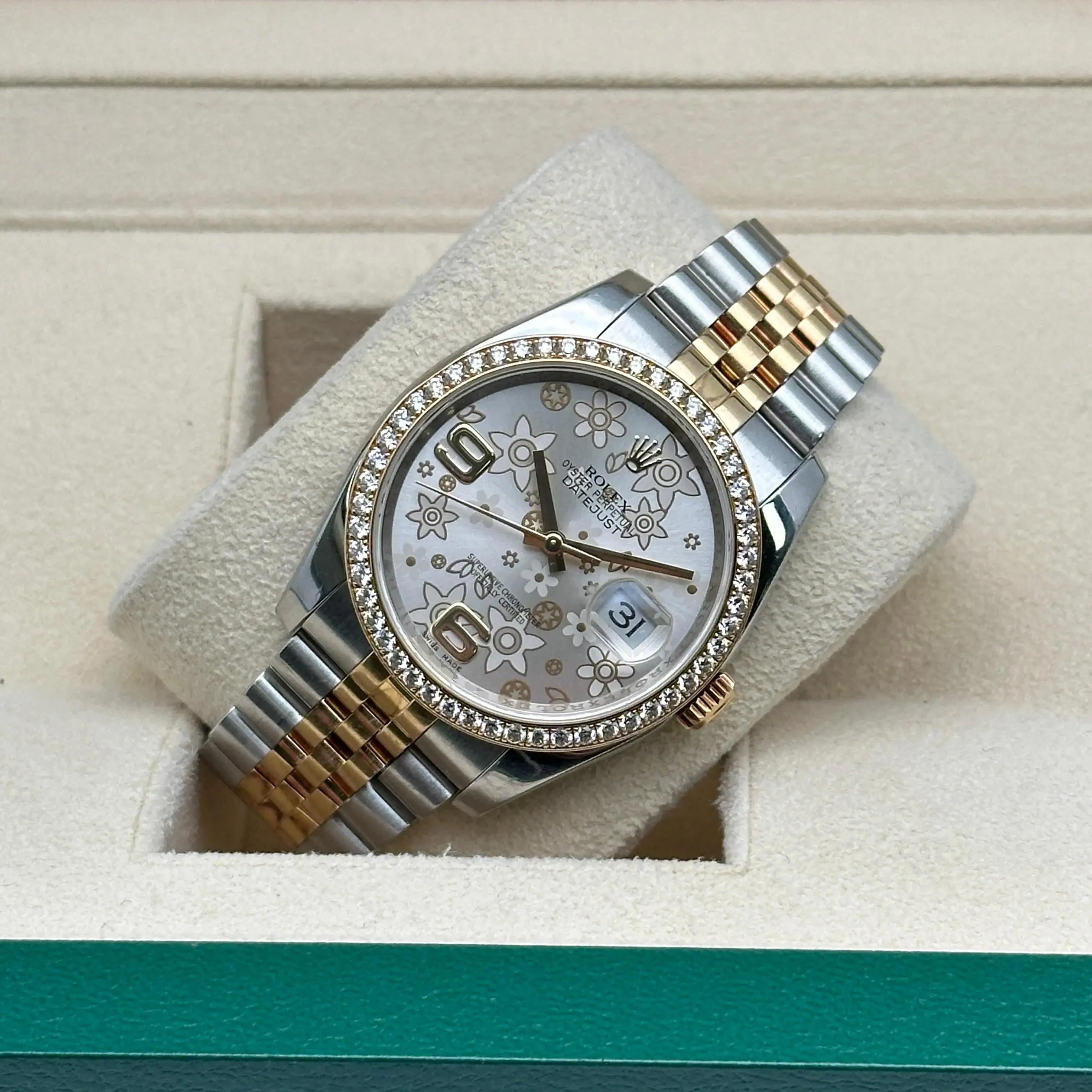 Reloj Rolex Datejust 36 Diamantes Oro 18k Acero Esfera Floral Plata 116243 en venta 2