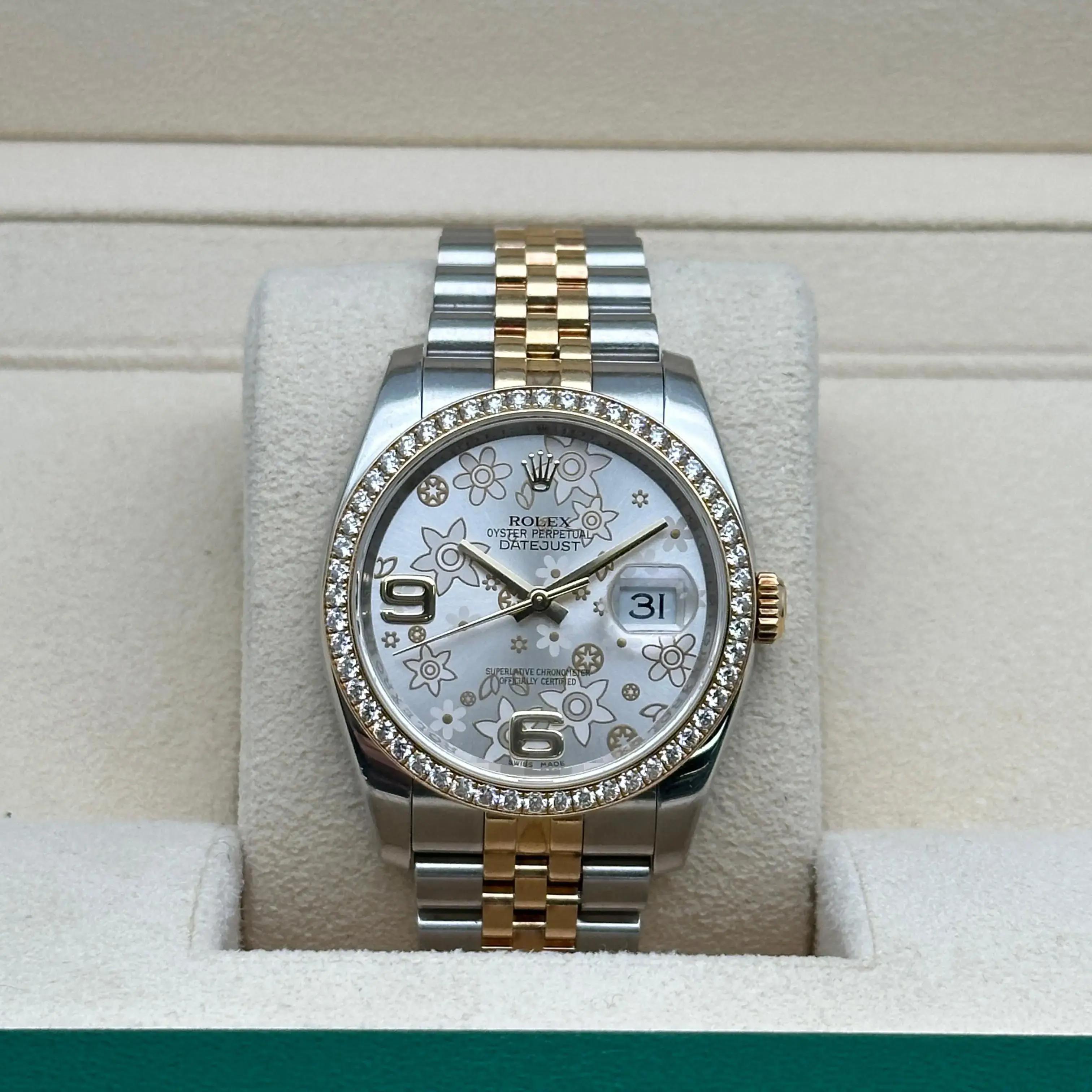 Reloj Rolex Datejust 36 Diamantes Oro 18k Acero Esfera Floral Plata 116243 en venta 3