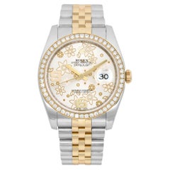 Rolex Datejust 36 Diamonds 18k Gold Steel Floral Silver Dial Watch 116243