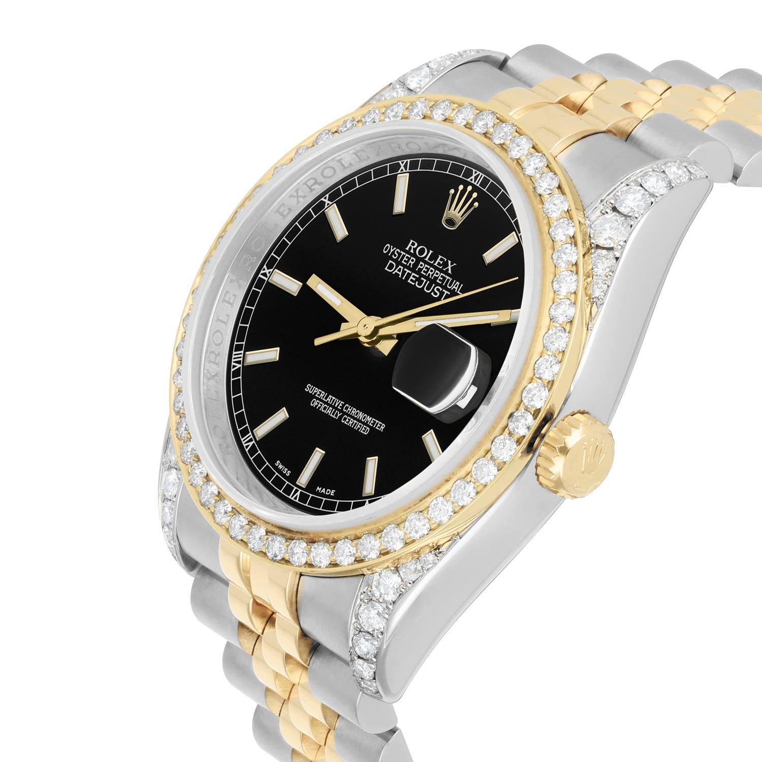 Rolex Datejust 36 Gold/Steel 116233 Black Index Dial Jubilee Band Diamond Watch In Excellent Condition For Sale In New York, NY