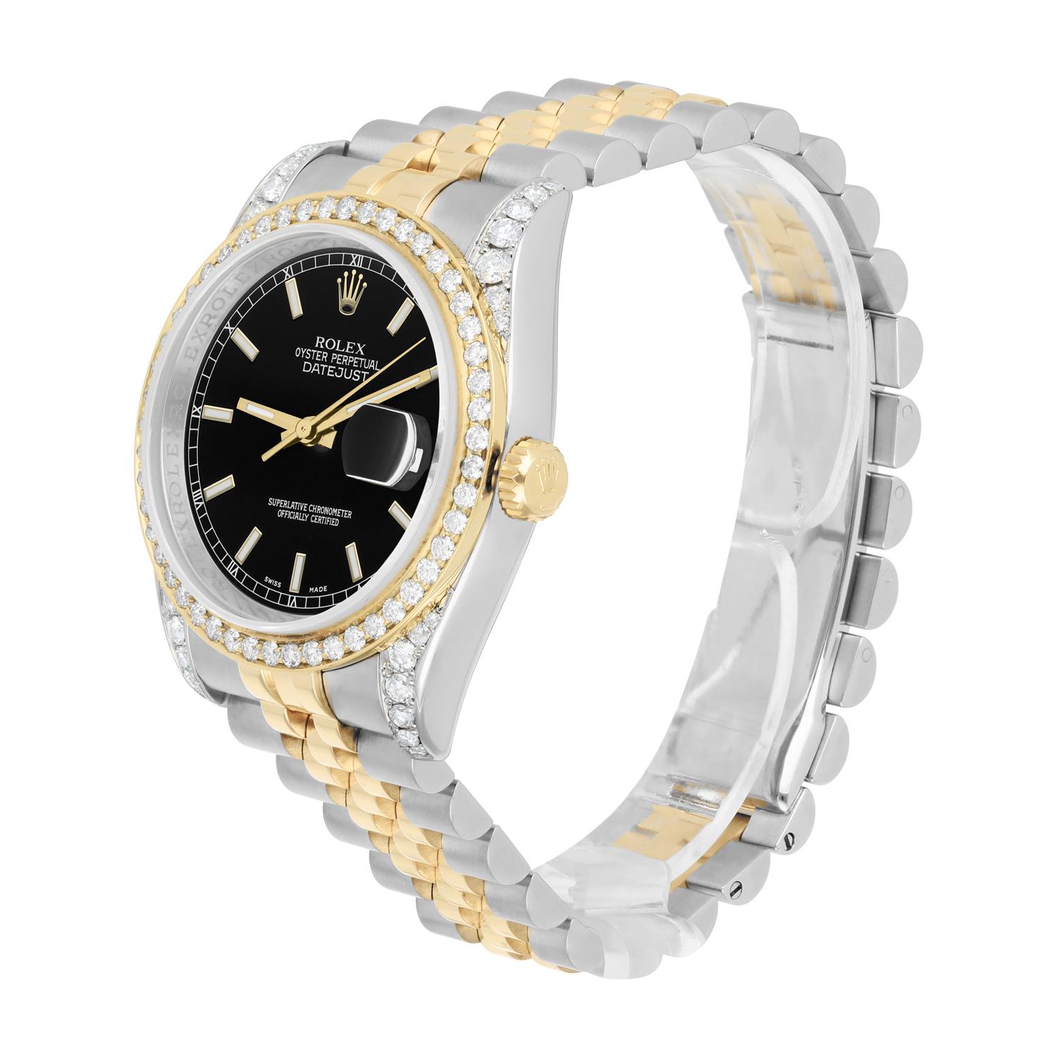 Women's or Men's Rolex Datejust 36 Gold/Steel 116233 Black Index Dial Jubilee Band Diamond Watch For Sale