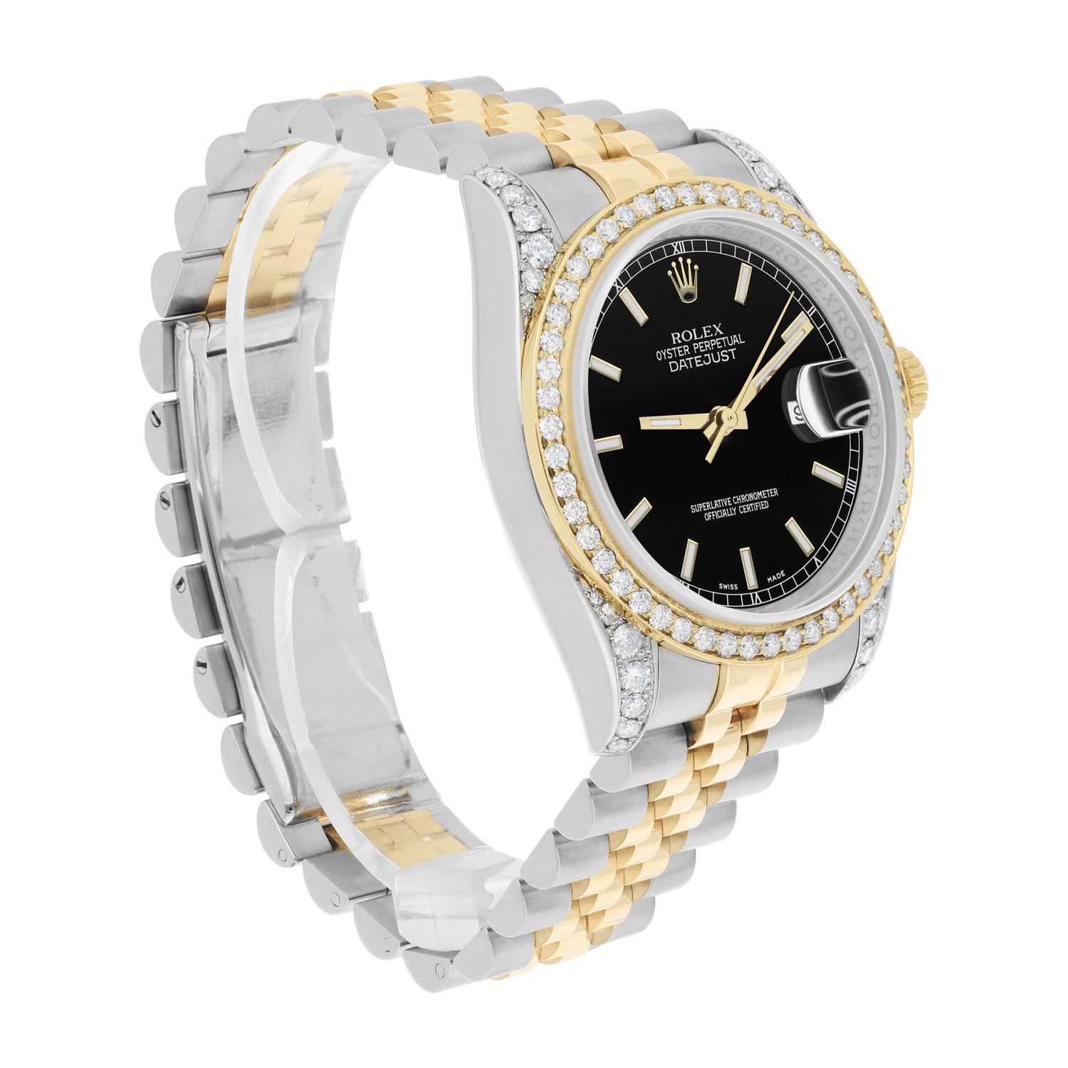 Rolex Datejust 36 Gold/Steel 116233 Black Index Dial Jubilee Band Diamond Watch For Sale 2